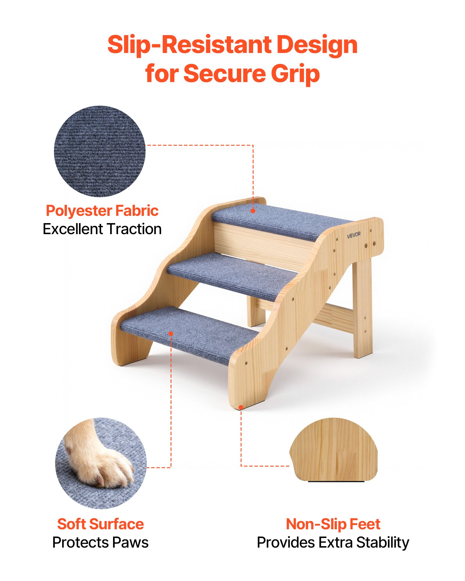Escaleras de Madera para Mascotas 3 Peldaños, Soporte Seguro para Cama Alta, Sofá y Coches, Capacidad 150lbs, Superficie Antideslizante, Escalera Estable para Gatos y Perros Pequeños Grandes Mayores — imagen 3