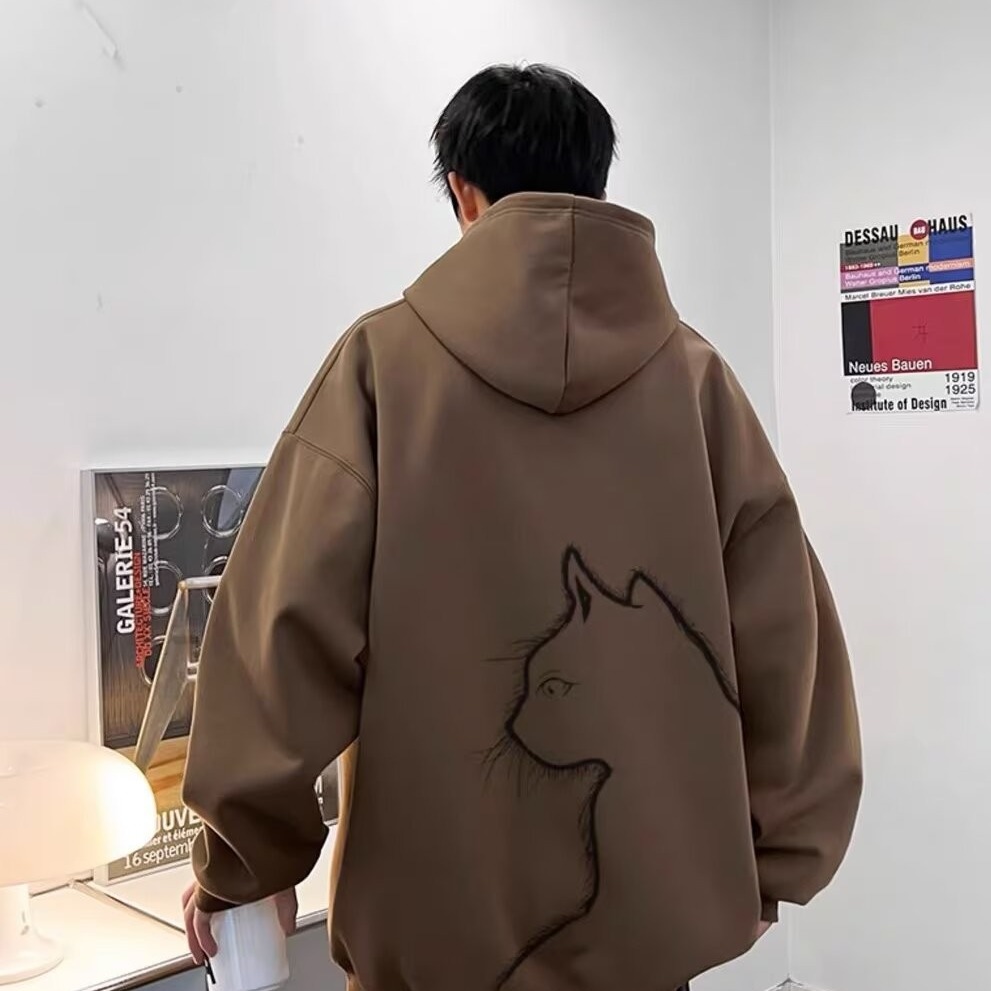 Unisex Casual Cartoon Cat Print Long Sleeve Fleece Lined Hooded Sweatshirt — image 11