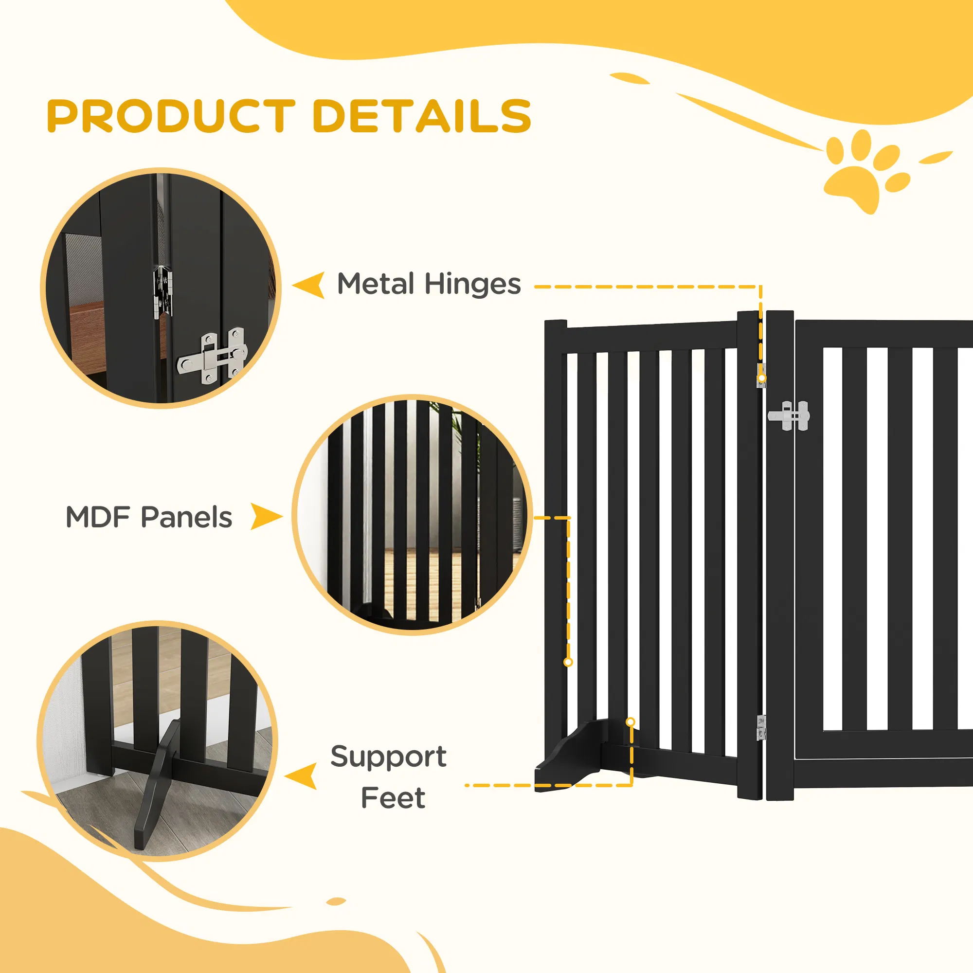 3-Panel Foldable Dog Gate with Feet for Medium Dogs and Below, Black — image 5