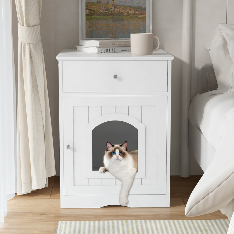 Caja de Arena para Gatos en Madera Blanca con Caja y Mesa Lateral, Encierro Interior para Hogar — imagen 1