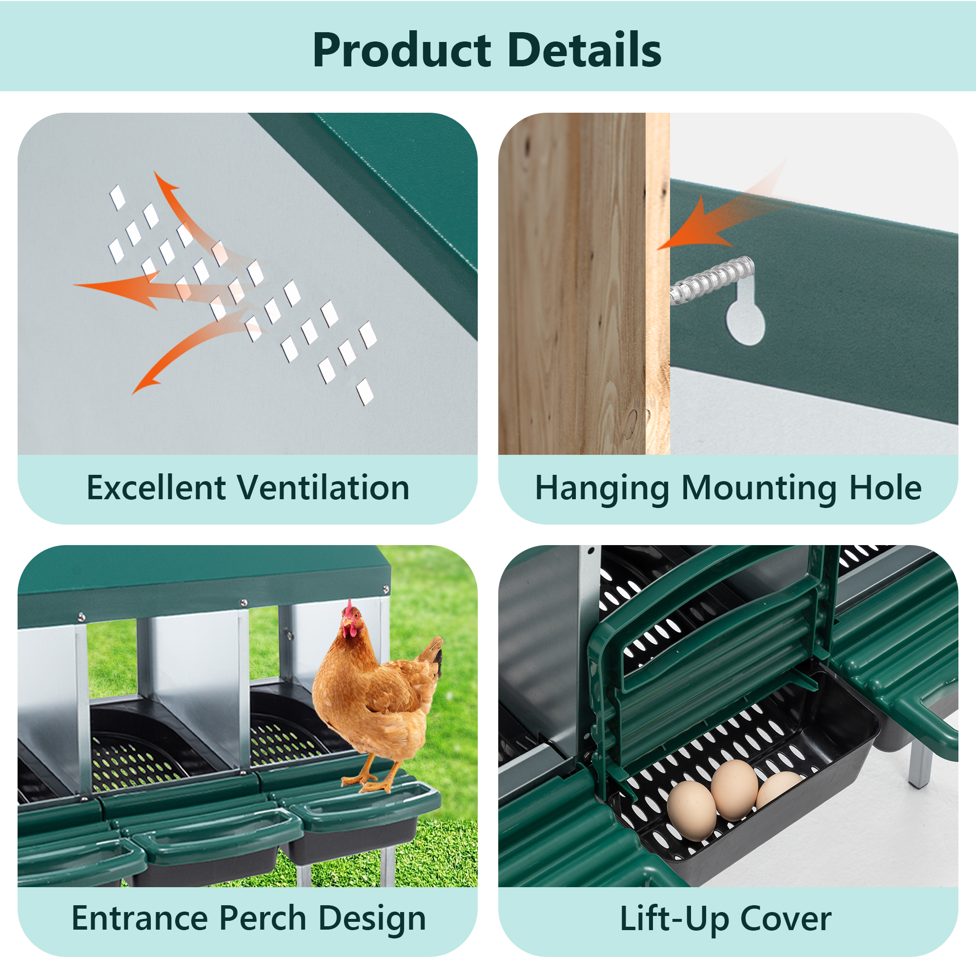 Cajas de Puesta para Pollos, 3 Hocicos Caja de Puesta con Patas, Cubierta de Tapadera para Gallinero Exterior Granja Campo, Verde Rreen — imagen 3