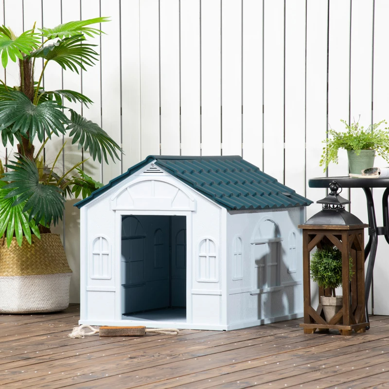 PawHut Plastic Dog House For Medium And Small Dogs, Water Resistant Puppy Shelter Indoor Outdoor With Door, Easy To Assemble, Blue — imagen 3
