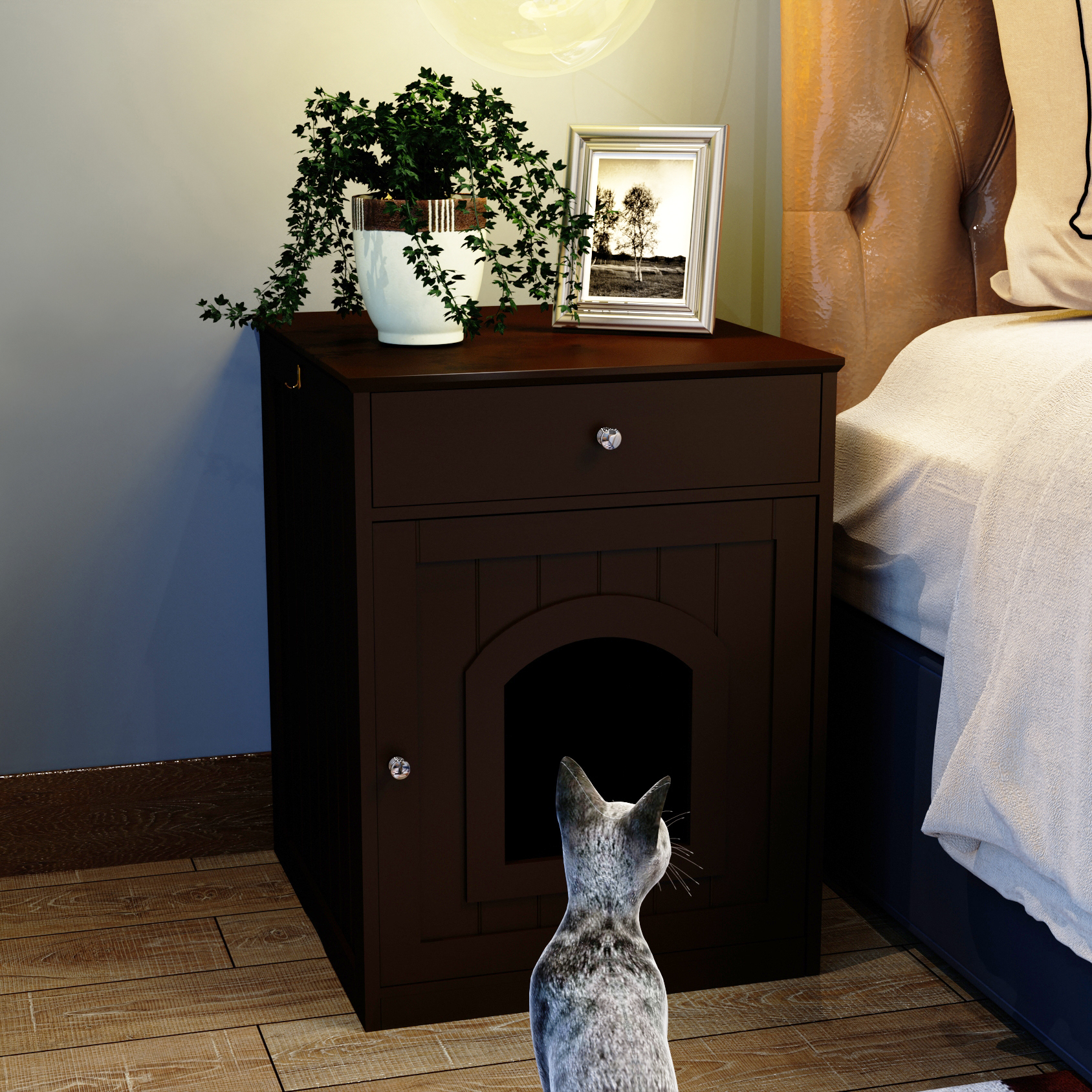 Casa de Madera para Mascotas con Caja de Arena y Cajón, Mesa Lateral, Jaula para Interior, Hogar para Gatos Noche, Marrón — imagen 2