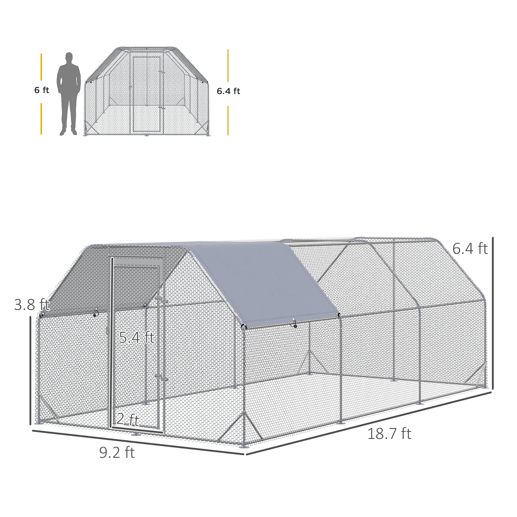 Large Chicken Coop Metal Chicken Run With Waterproof And Anti-UV Cover, Flat Shaped Walk In Fence Cage Hen House For Outdoor And Yard Farm Use, 1" Tube Diameter, 9.2' X 18.7' X 6.4' — imagen 4