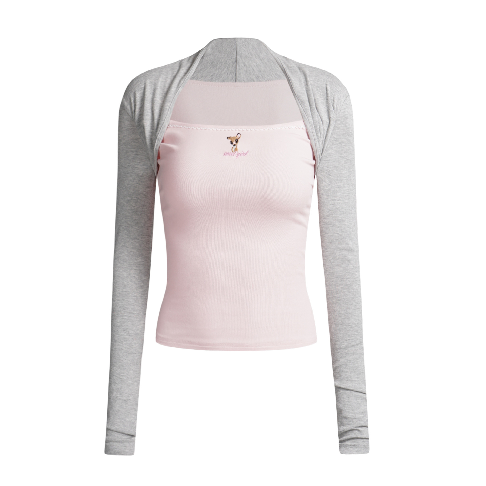 Long Sleeve Square Neck Dog Embroidery Splicing T-Shirt — image 1
