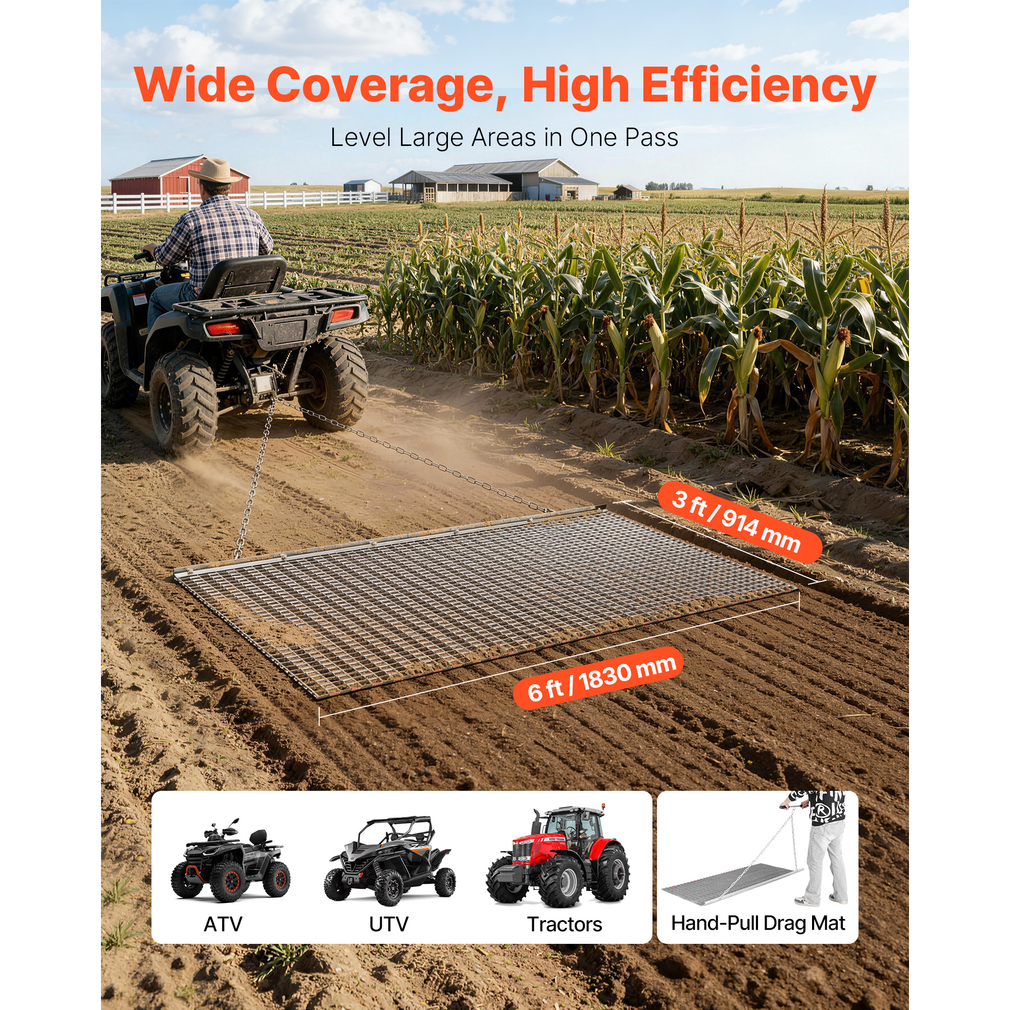 Drag Harrow, 6 X 3 Ft, High-Efficiency Chain Harrow Rake, ATVs UTVs Tractors Attachments, Durable Galvanized Steel Mesh Drag Mat With Towing Chain, For Gravel Driveway Ruts Farm Field Leveling — imagen 2