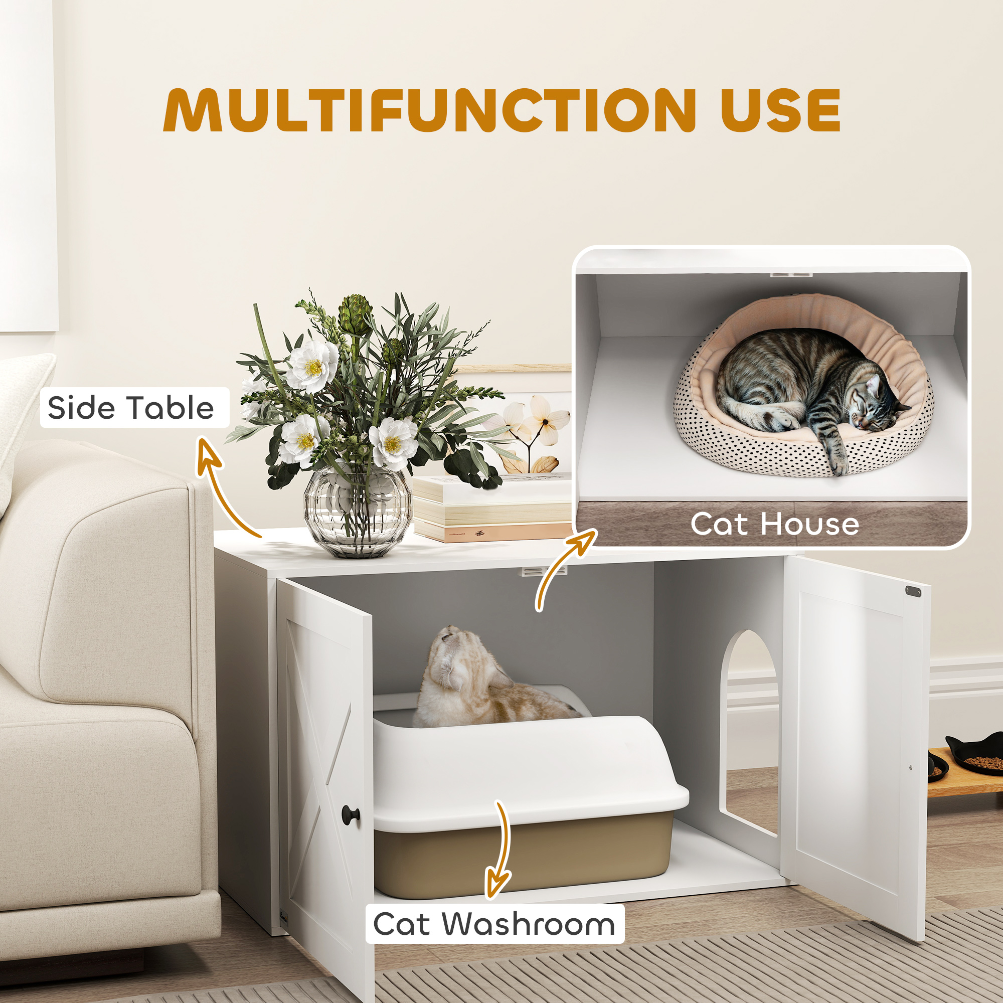 Cat Litter Box Enclosure With Barn Door, Cat Hole, 31.5" X 21" X 20", White — imagen 2
