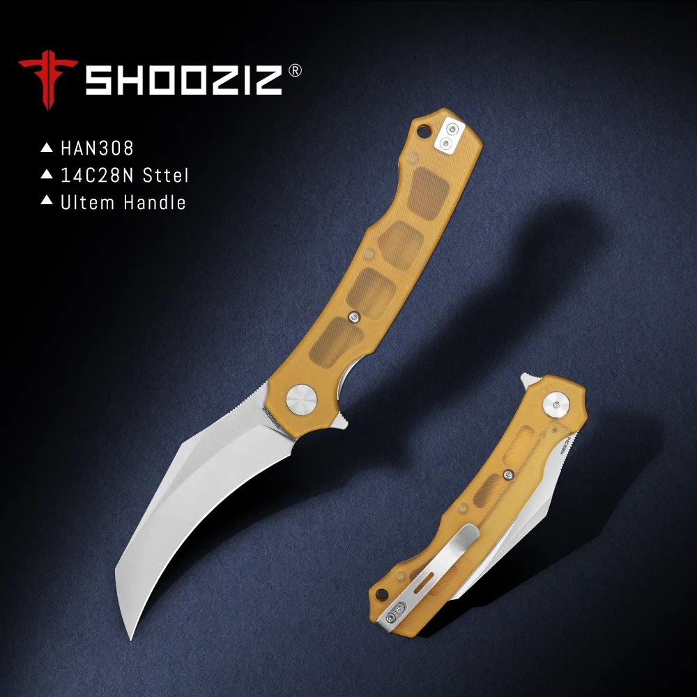 Shooziz-HAN308, Pikal Pocket EDC Knife for Men, Hawkbill Folding Knife & Ultem/G10 Handle，3.15"14C28N Steel Flipper Blade — image 1