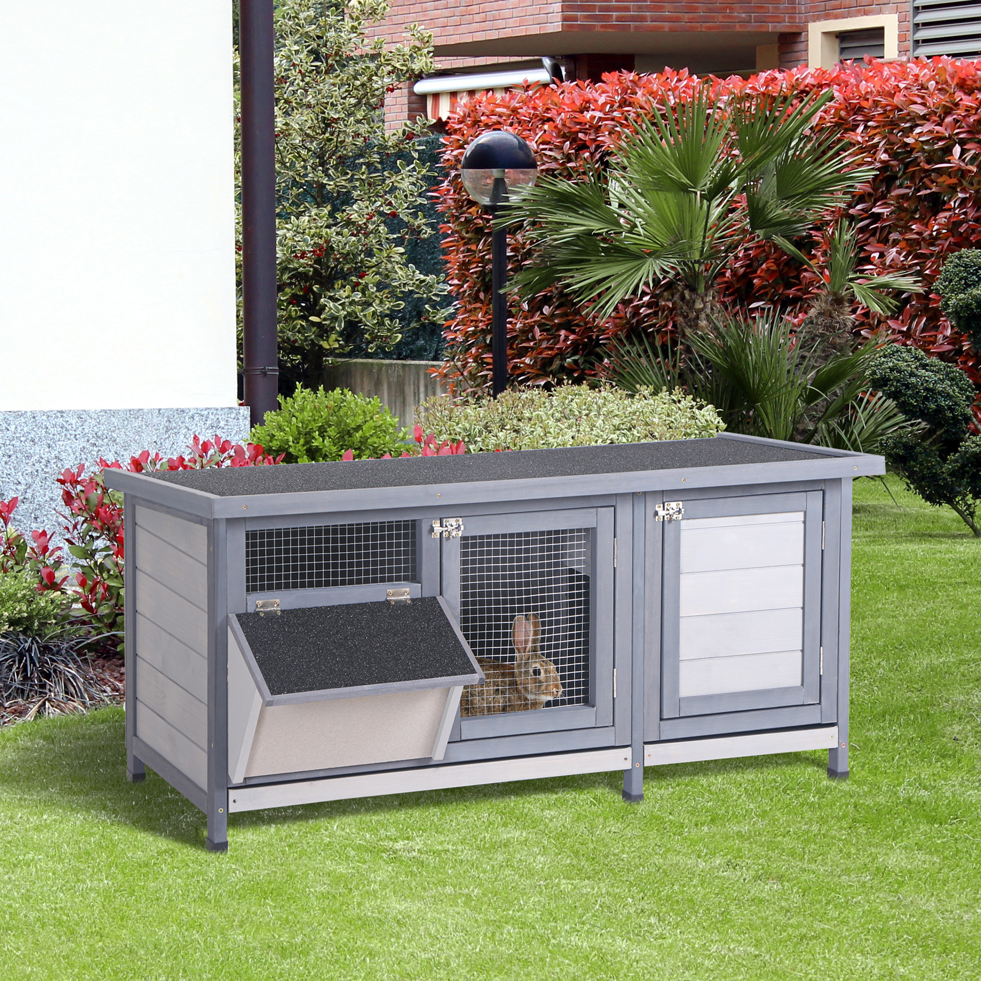 Caja de Madera para Conejos, Cuna para Conejos con Techo Impermeable, Plataforma Sin Derrames y Comedor, para Conejos, Pollos, Patos, Interior/Exterior, Gris — imagen 1