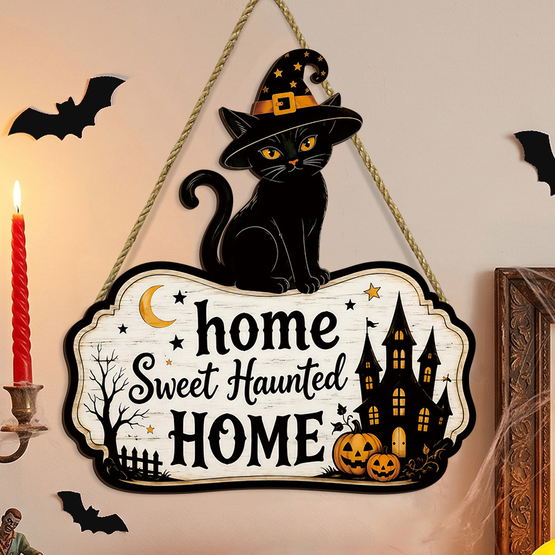 Decoración de Puerta de Gato Negro de Madera para Halloween, Placa de Madera Poplar con Estilo Retro — imagen 2