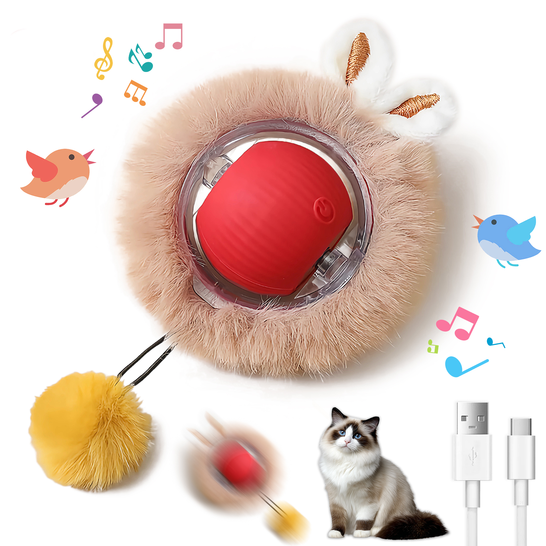 Juguetes Interactivos de Bola para Gatos y Perros - Pelota Móvil con Luces y Cola y Orejas de Conejo para Mascotas Domésticas — imagen 7