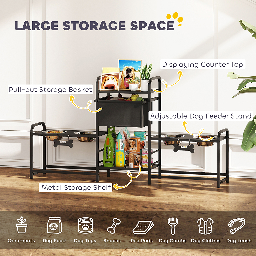Soporte para Comederos de Perro con 3 Alturas Ajustables, Tela Oxford, Incluye Cuatro Tazones y Cesta para Juguetes — imagen 7