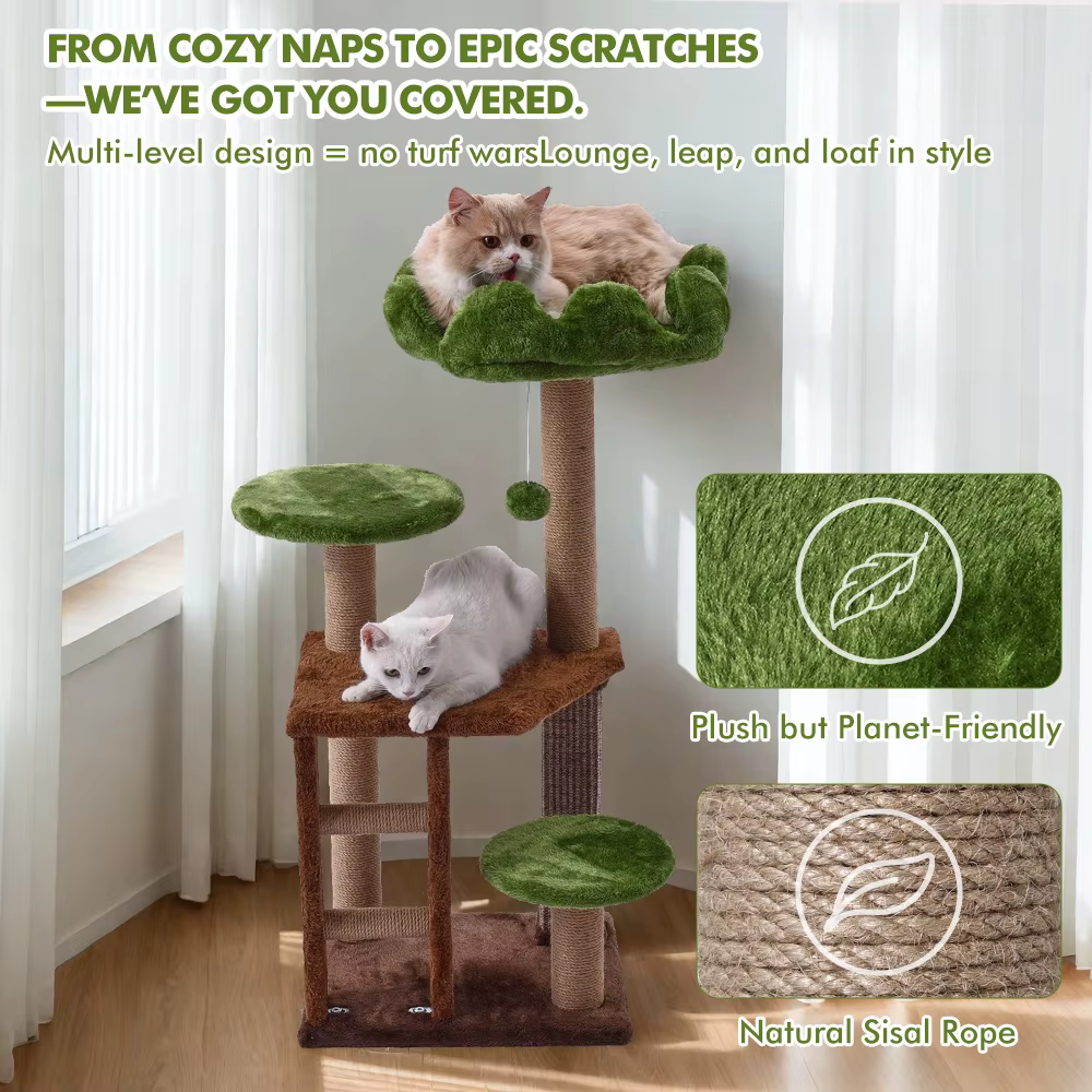 Árbol de Gato Mediano: Torre de Gatos de Escaleras Verdes de Múltiples Niveles con Poste de Rascado y Posición Acogedora — imagen 3