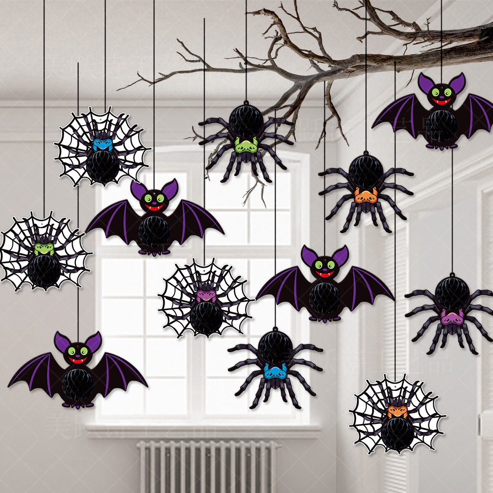 Halloween Decorative Hanging Ornament Spider Bat Honeycomb Ball Pendant 3D Spider Honeycomb Decoration — image 2