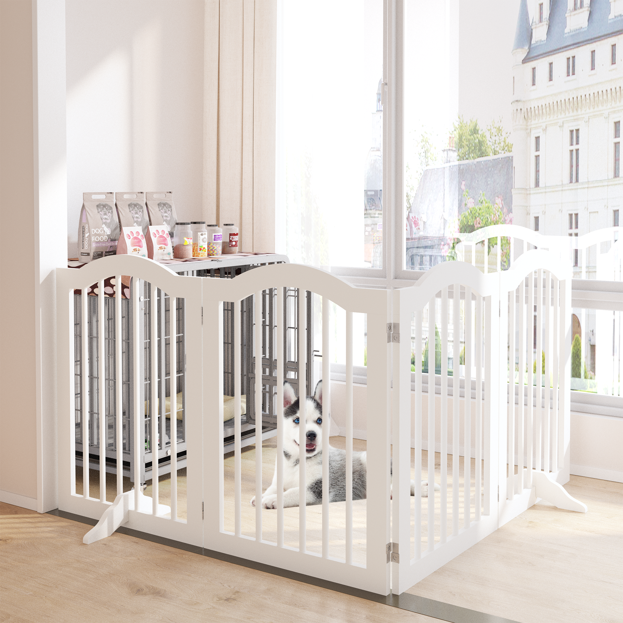 27.6 Height Tall Freestanding Pet Gate, 4 Panels Foldable Dog Gate, Solid Wood Folding Safety Fence Wooden Dog Gate With 2 Pcs Support Feet Ideal For Stairs, Doorways, Halls, Kitchens — image 4