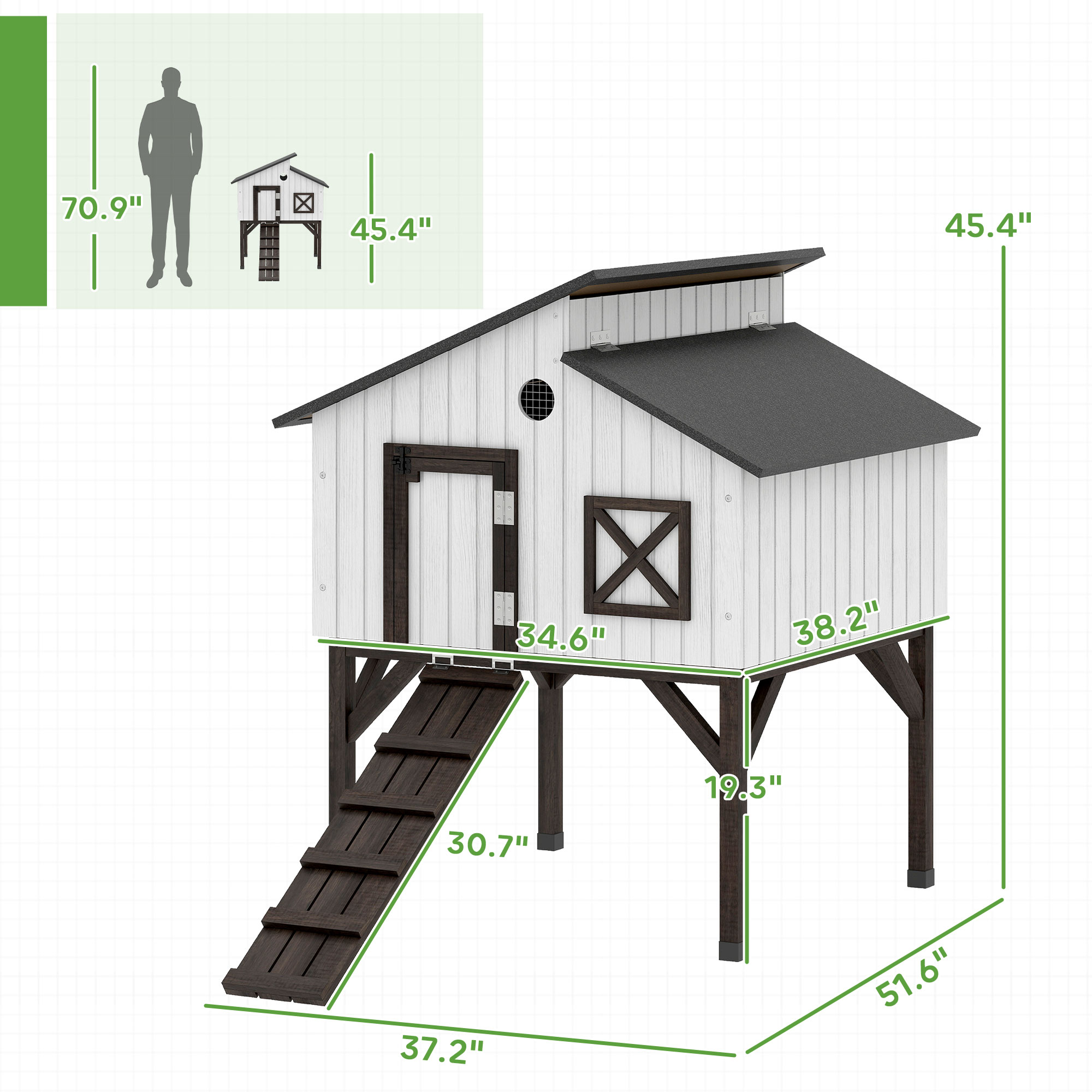 Casa de Gallinas con Box de Anidación y Jaula para Conejos Elevada con Rampita, Techo Abierto de Asfalto y Patas Elevadas — imagen 3