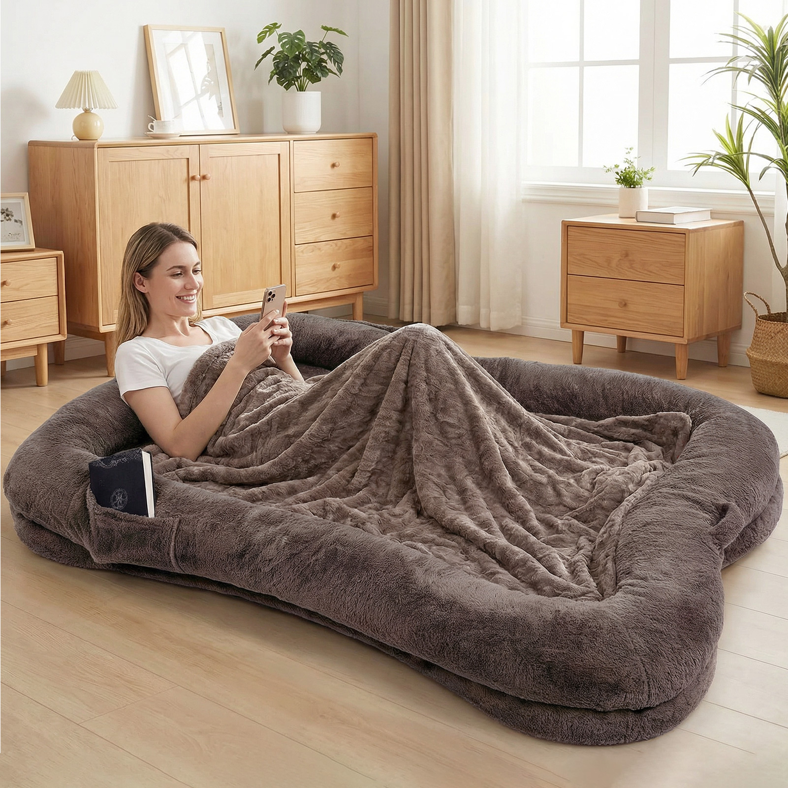 Human Dog Bed Washable Large Size Non Slip Bottom Comfortable Plush Giant Size Dog Bed With Blanket And Pocket For Home — image 5