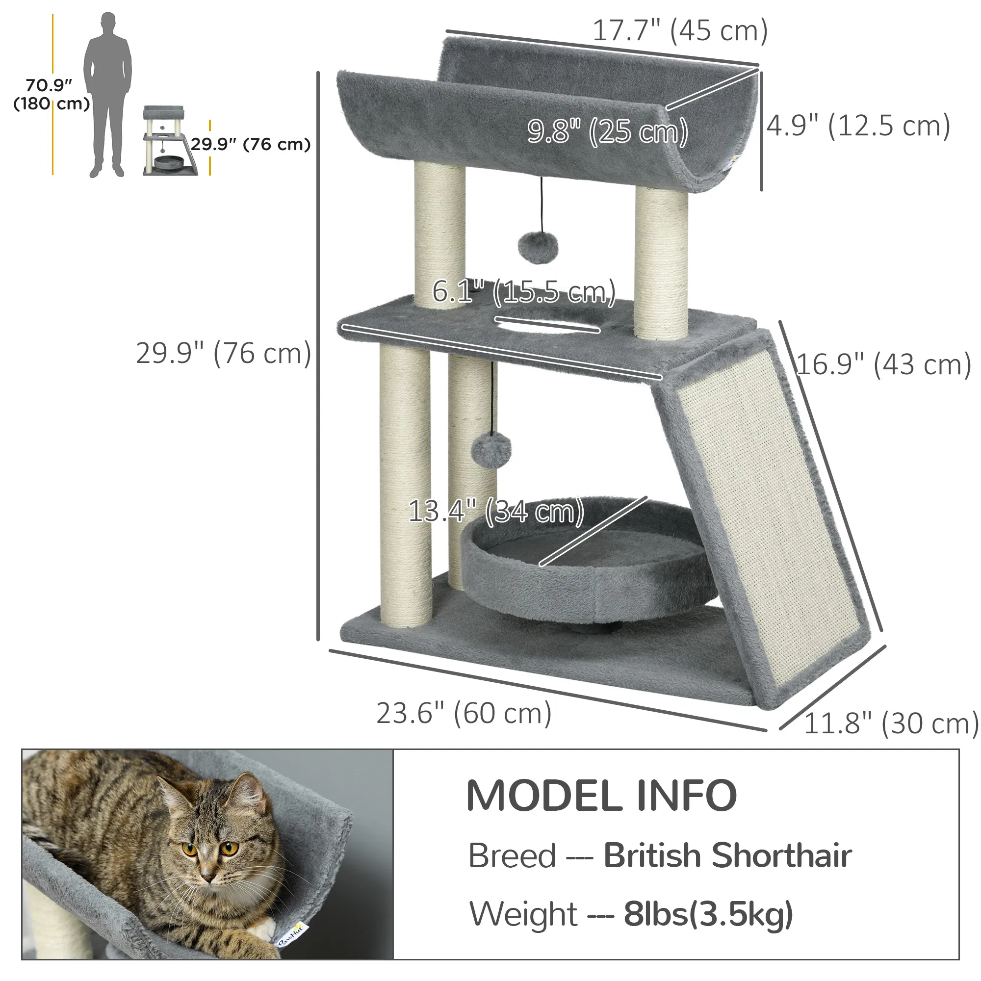 Small Cat Tree with Perch, Scratching Posts, Pad, Bed, Toy Balls, Light Grey — image 5