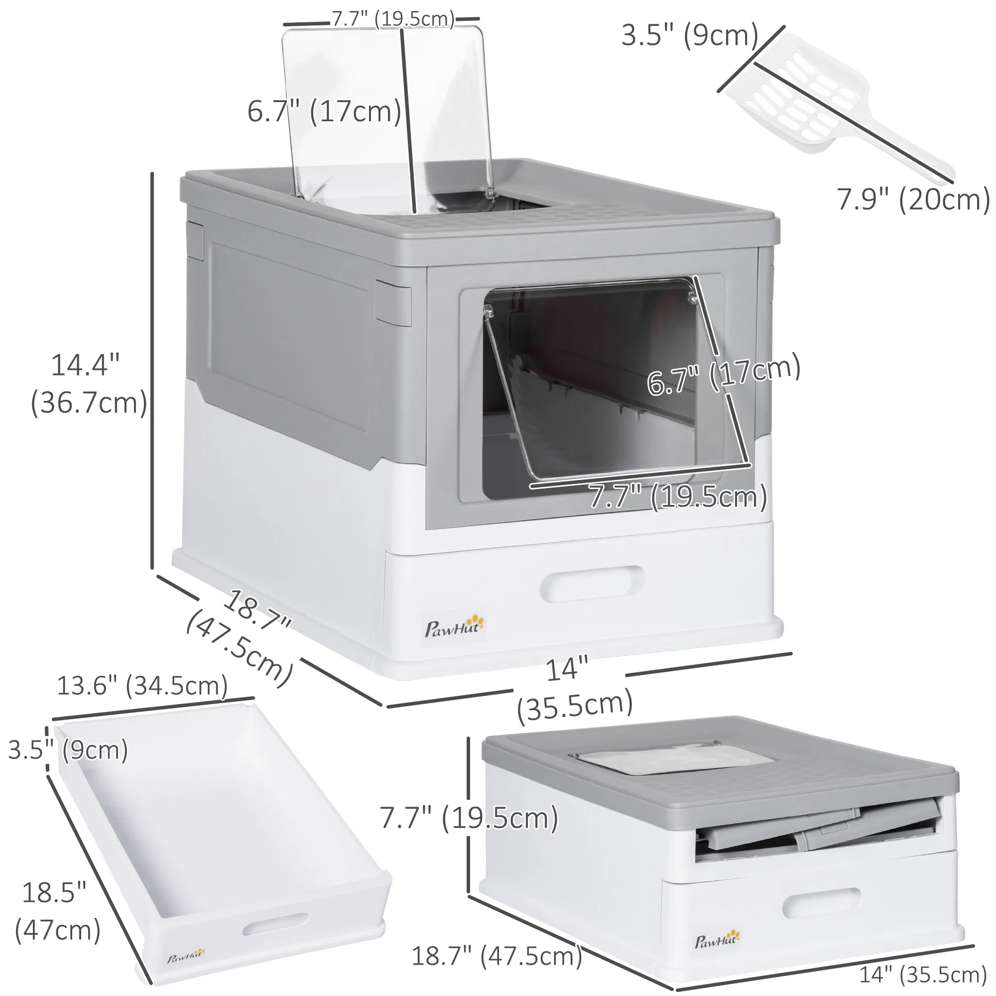 Top Entry Enclosed Kitty Litter Box with Scoop, Tray, Front Entry, Large Space, Foldable, Portable, Grey — image 2