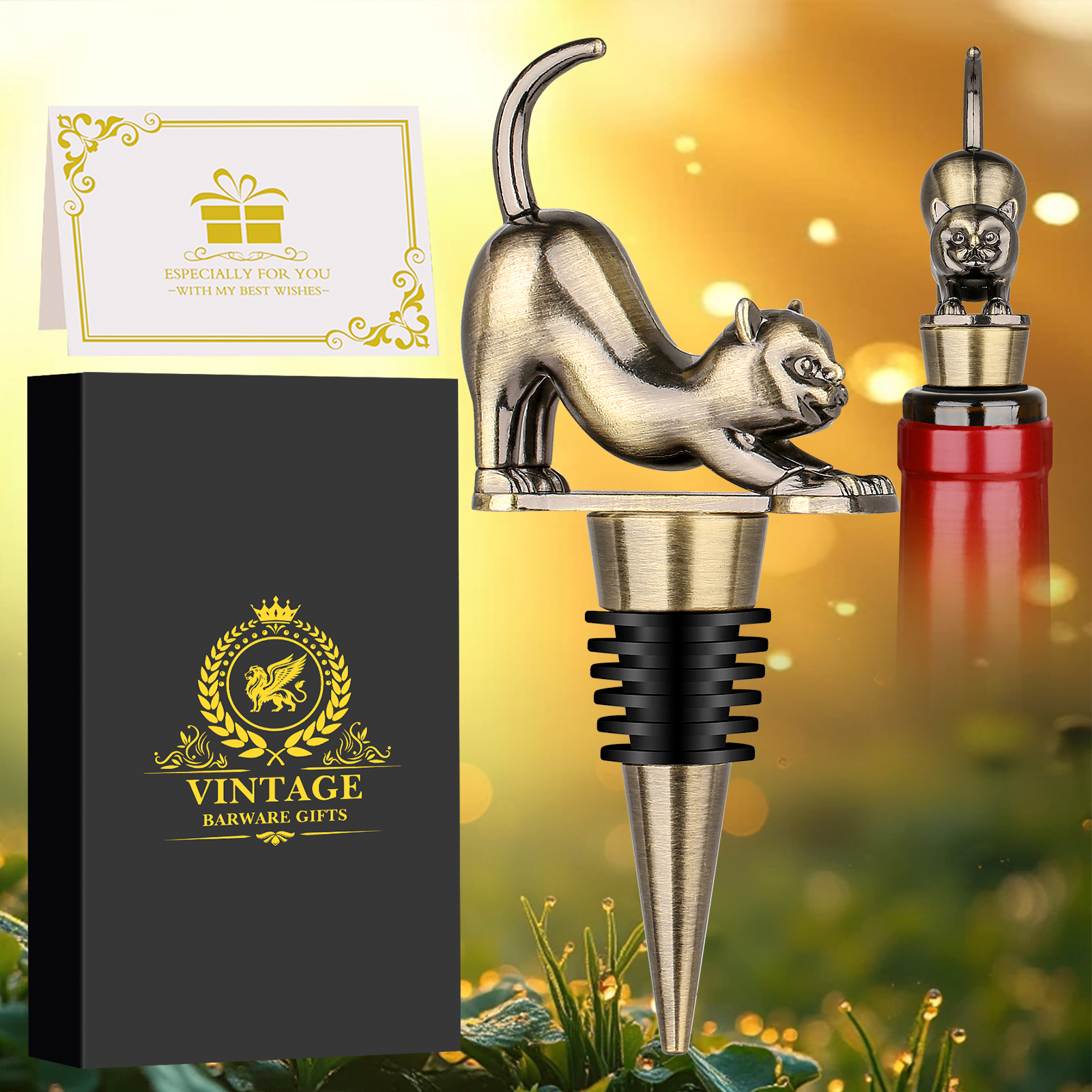 Conjunto de Tapones de Vino con Forma de Gato con Luster Metálico, Regalo en Caja de Presentación para Enthusiastas del Vino — imagen 1