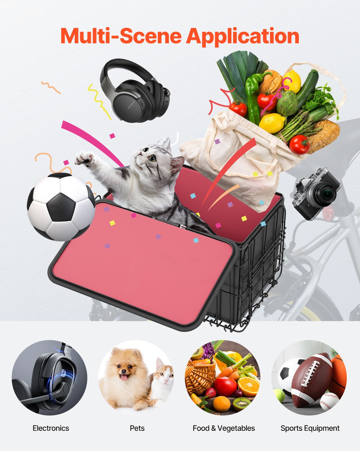 Cesta de Bicicleta Plegable, Cesta de Aluminio con Red de Transporte y Cubierta Impermeable, Diseño de Llenado Rápido para Hombres y Mujeres que transportan Mascotas, Perros, Frutas y Compras — imagen 4