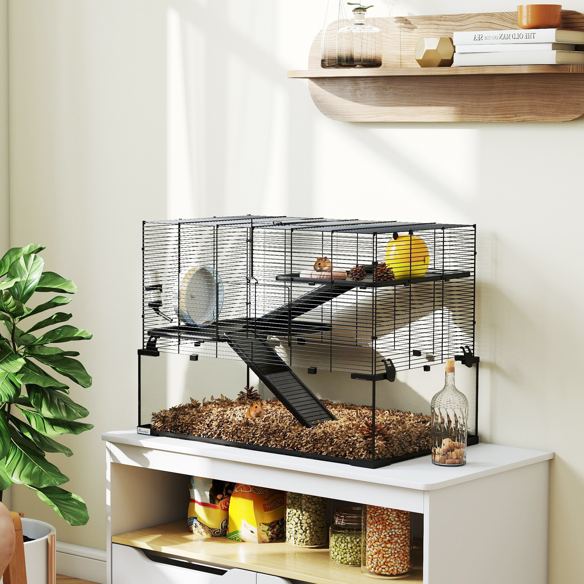 30" Hamster Cage, Gerbil Cage with Glass Basin for Small Hamsters, Black — imagen 7