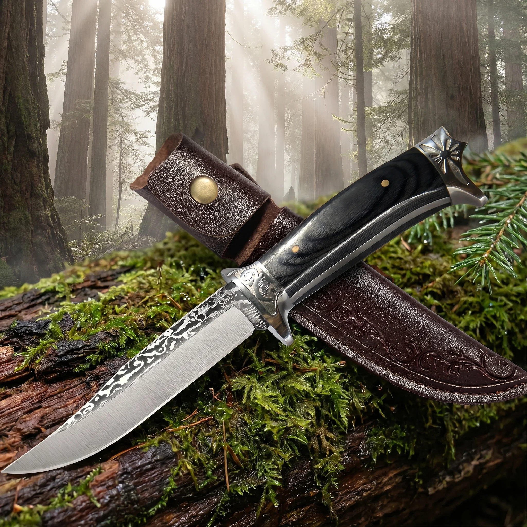 Outdoor Survival Fixed Blade Knife Wood Handle Leather Sheath Camping Hunting Cutting Utility Knife for Camping Hiking Outdoor EDC Hand Tool — image 1