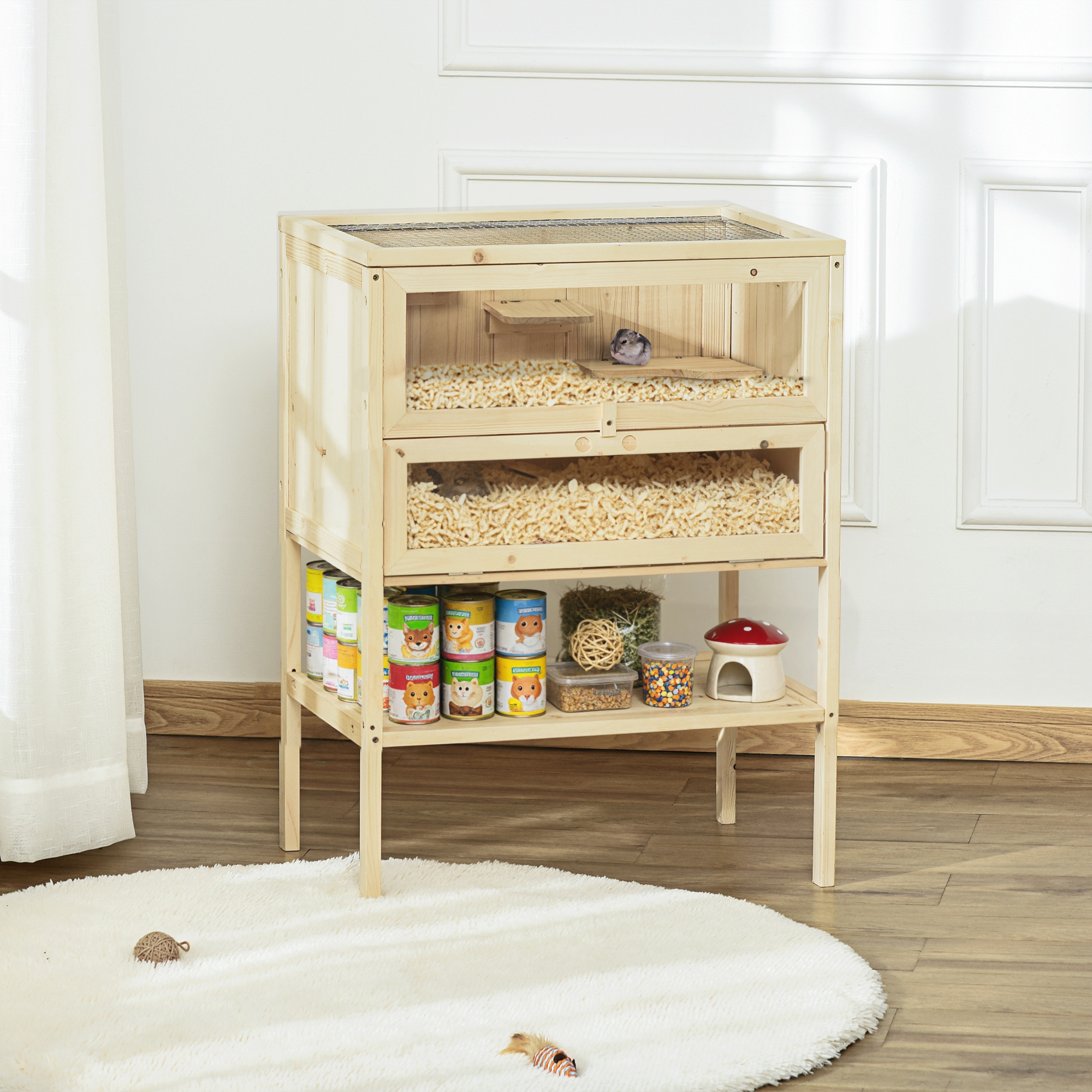 Jaula de Madera para Hámster de 3 Niveles, Jaula para Ratones y Ratas, Conejera para Animales Pequeños con Tapa Abatible, Puerta Frontal y Estante, Madera Natural — imagen 6