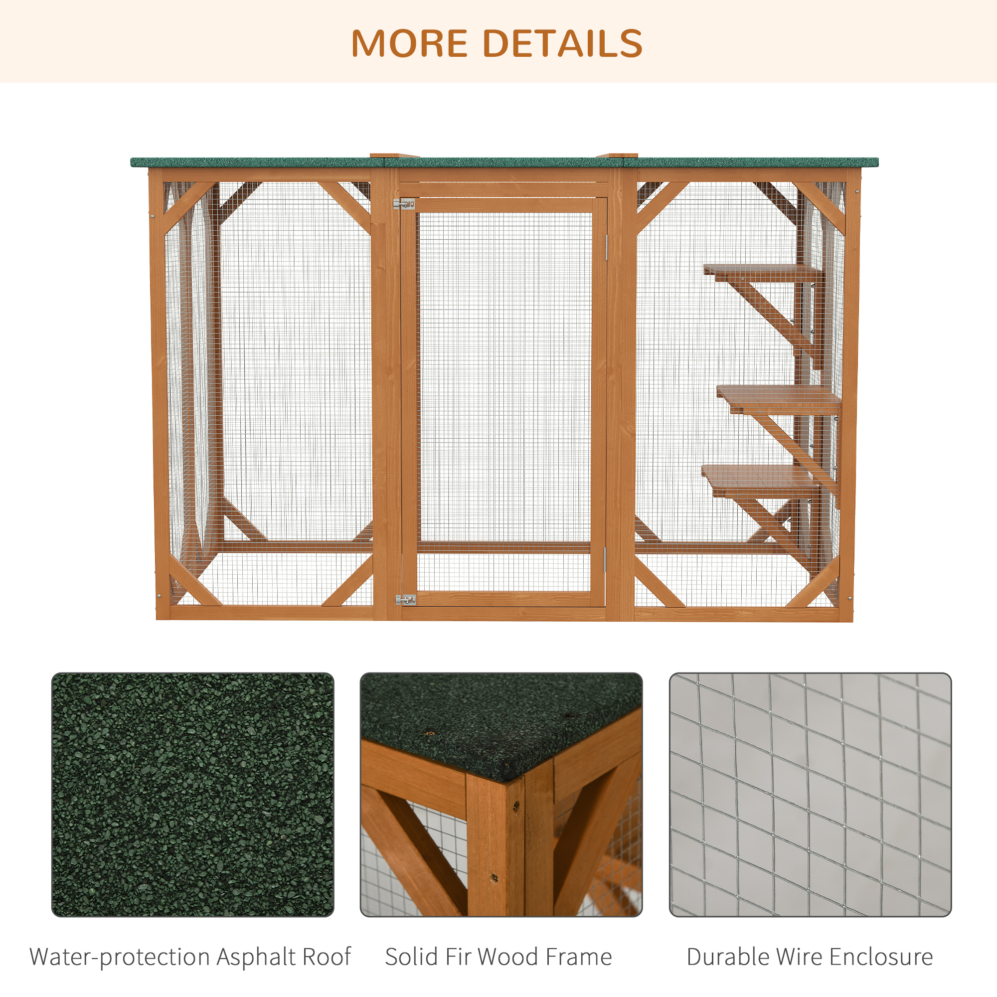 Casa de Perro al Aire Libre, Catio para Gatos Ferales en Madera, Refugio para Gatos con Plataformas, Gran Puerta de Entrada, Protección Climática y Techo de Asfalto, 71" L, Naranja — imagen 3