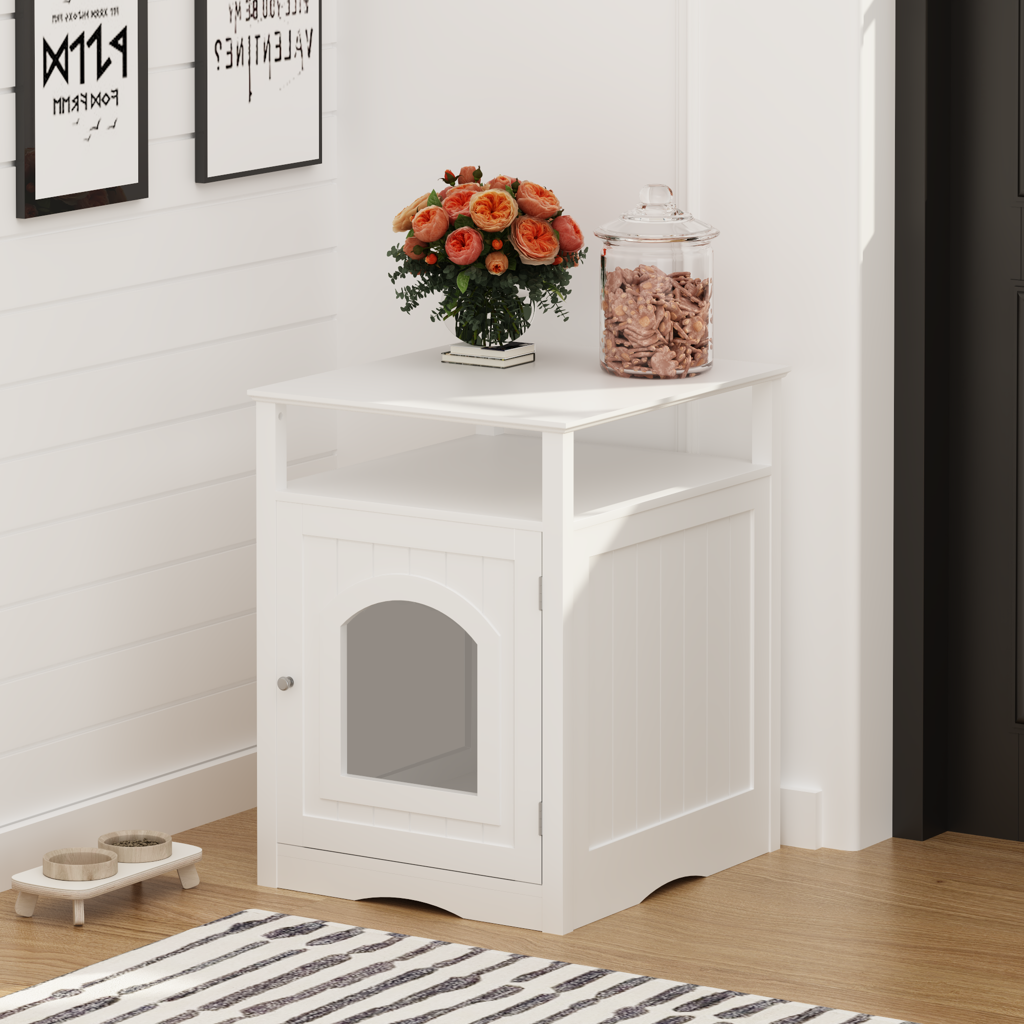 Cat Litter Box Enclosure Furniture, Indoor Wooden Cat House With Enclosed Cabinet, Hidden Litter Box Furniture With Storage Shelf, Modern Cat Condo Side Table For Living Room Or Bedroom White — image 5