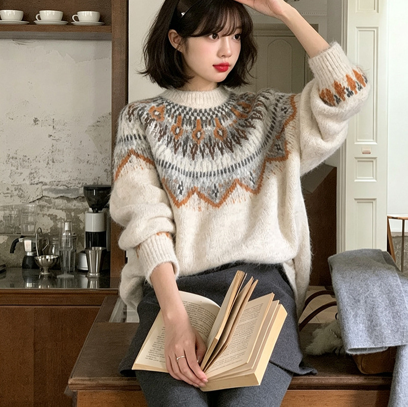 Vintage Fair Isle Faux Alpaca Wool Crew Neck Pullover Sweater Relaxed Fit — image 3
