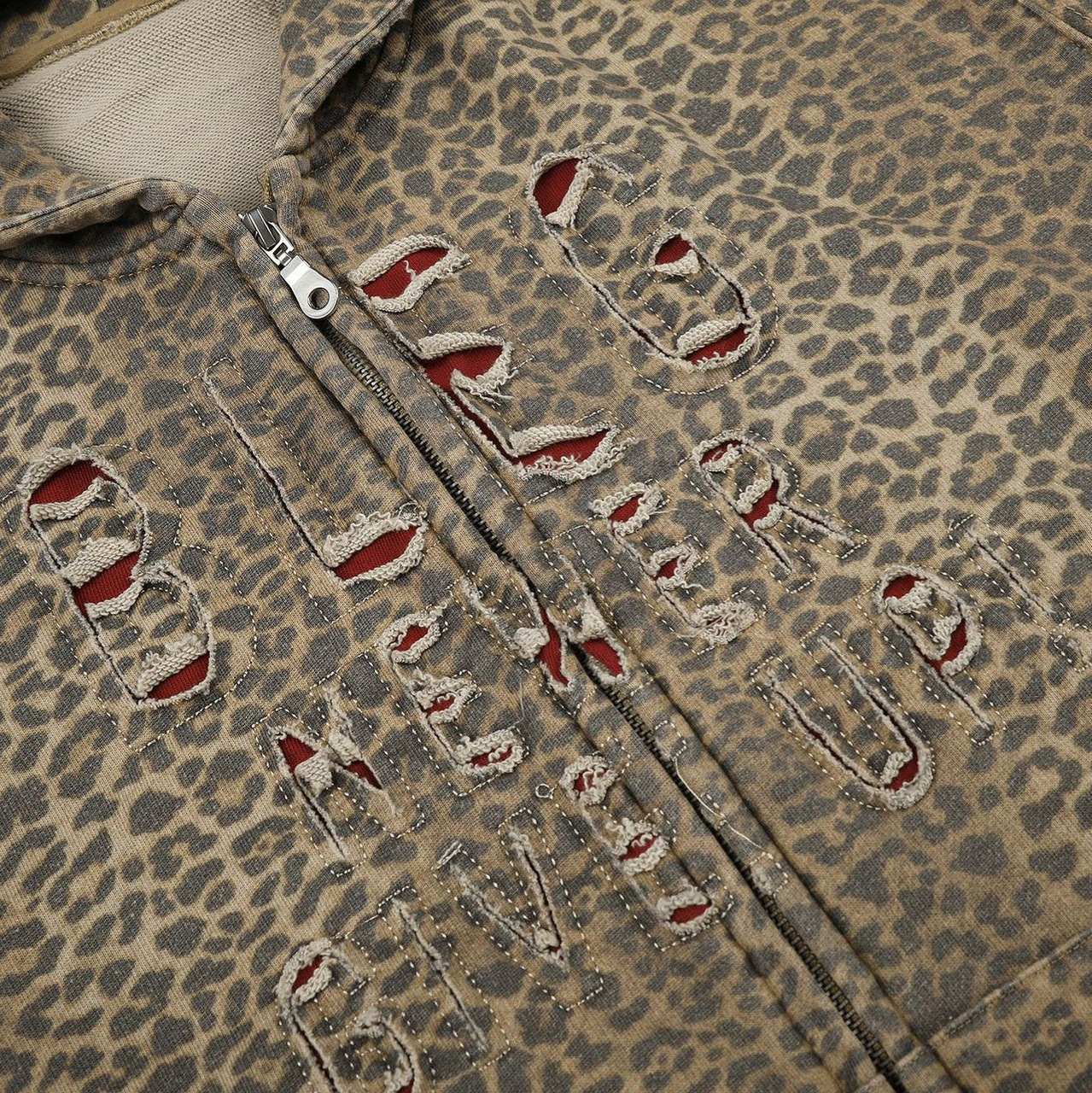 All-Over Print Leopard Letter Hooded Washed Distressed Loose Fit Cropped Streetwear Hoodie — image 4