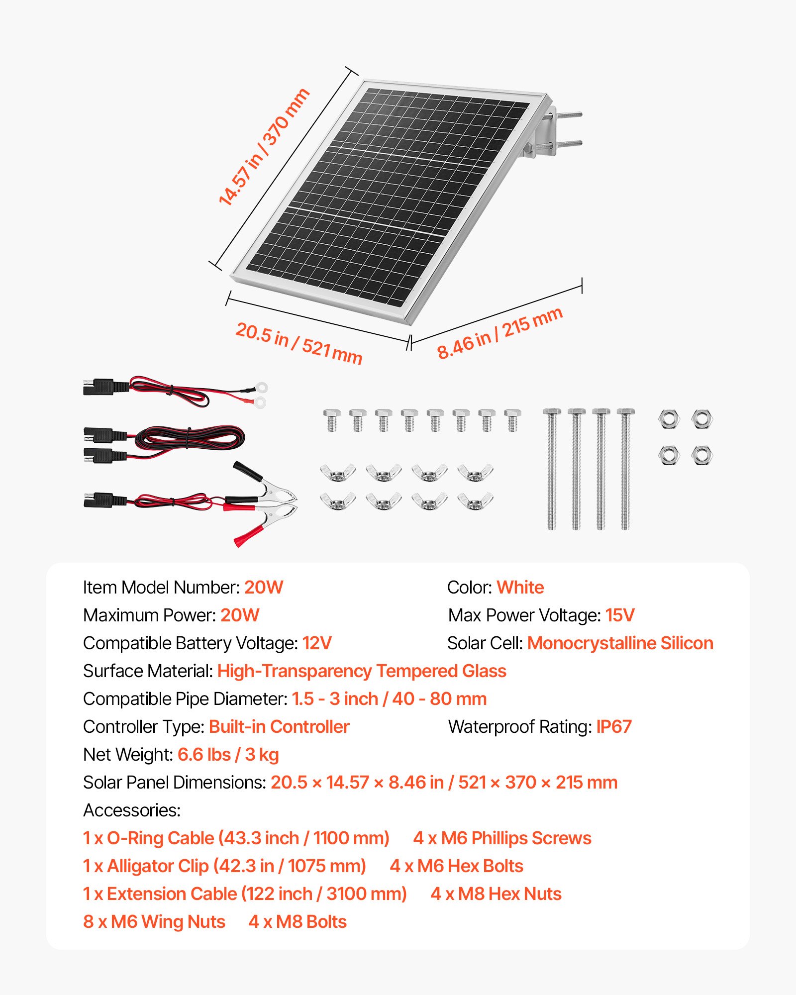Cargador de Batería con Panel Solar 20W 12V, Cargador Solar de Mantenimiento con Controlador Integrado y Soporte de Montaje Ajustable 0-60°, IP67 para Portones, Cercas, Granjas y Jardines (Compatible con Postes de 1.5" - 3") — imagen 1