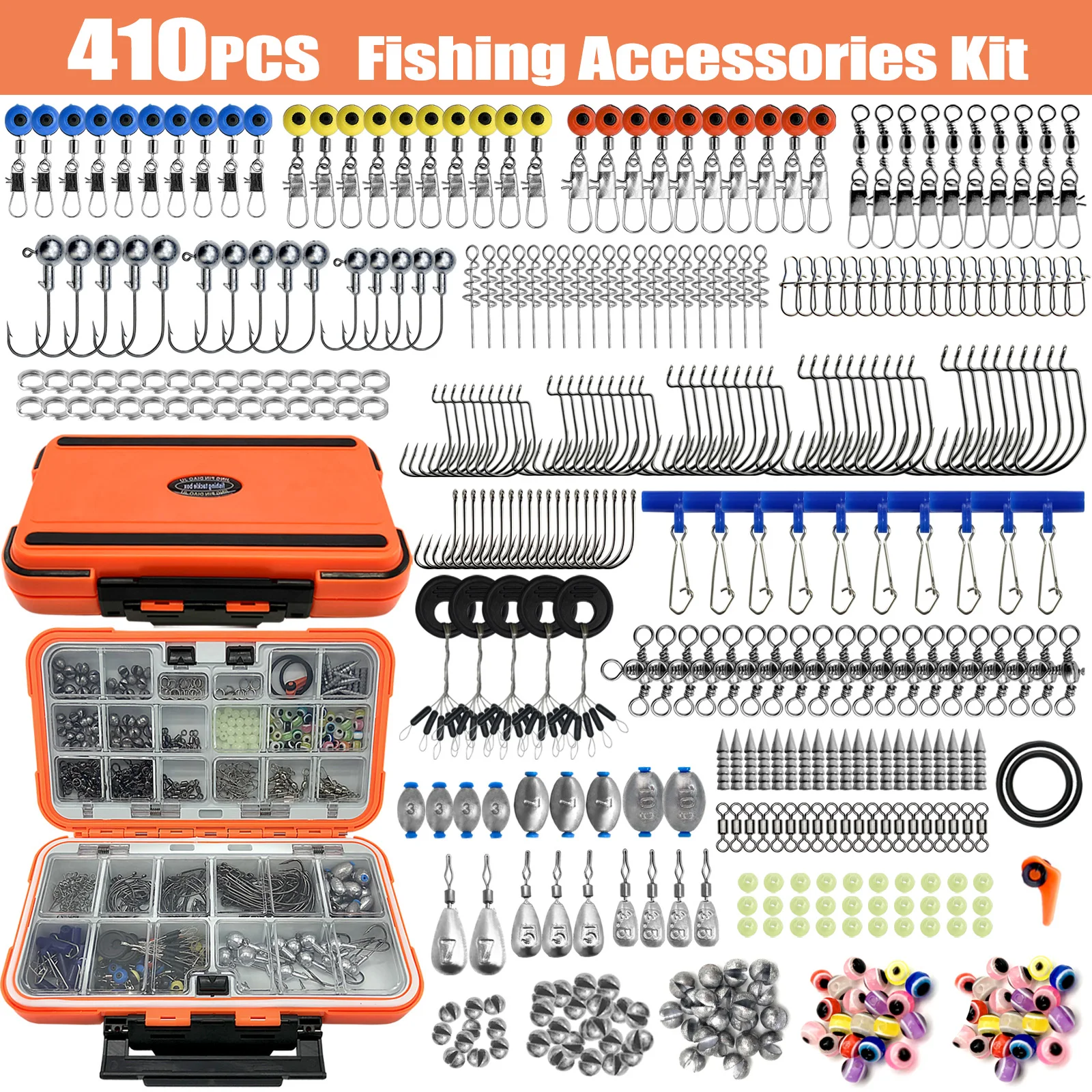 Kit de Pesca Profesional 170/410 Piezas con Caja de Equipo, Ganchos, Sinker, Suizantes para Pescar Boga, Trucha y Mar