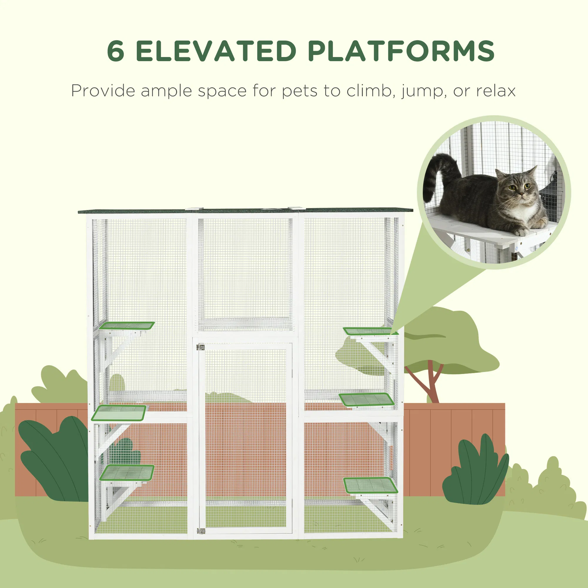 Large Outdoor Catio Enclosure, Wooden Cat Patio with 6 Balanced Platforms and Asphalt Roof, 70.9" x 38.6" x 70.9", White — image 6