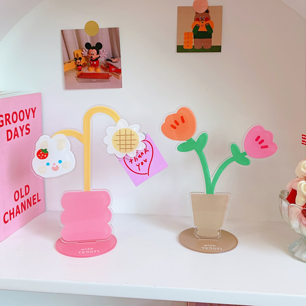 Creative Desktop Flower Decoration Cute Cartoon Acrylic Folder Sweet Soft Cute Bear Rabbit Multi-Function Note Holder — image 3