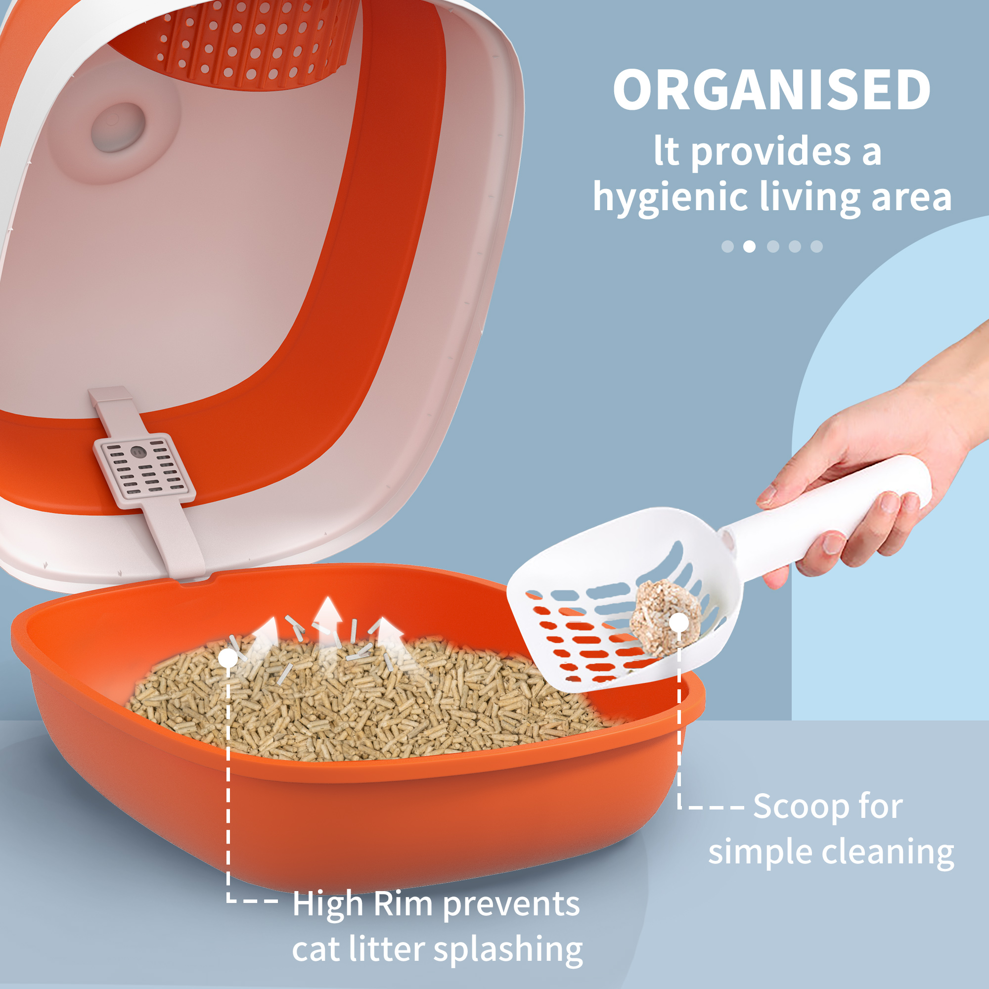 Dome Covered Cat Litter Box With Lid, White And Orange — imagen 2