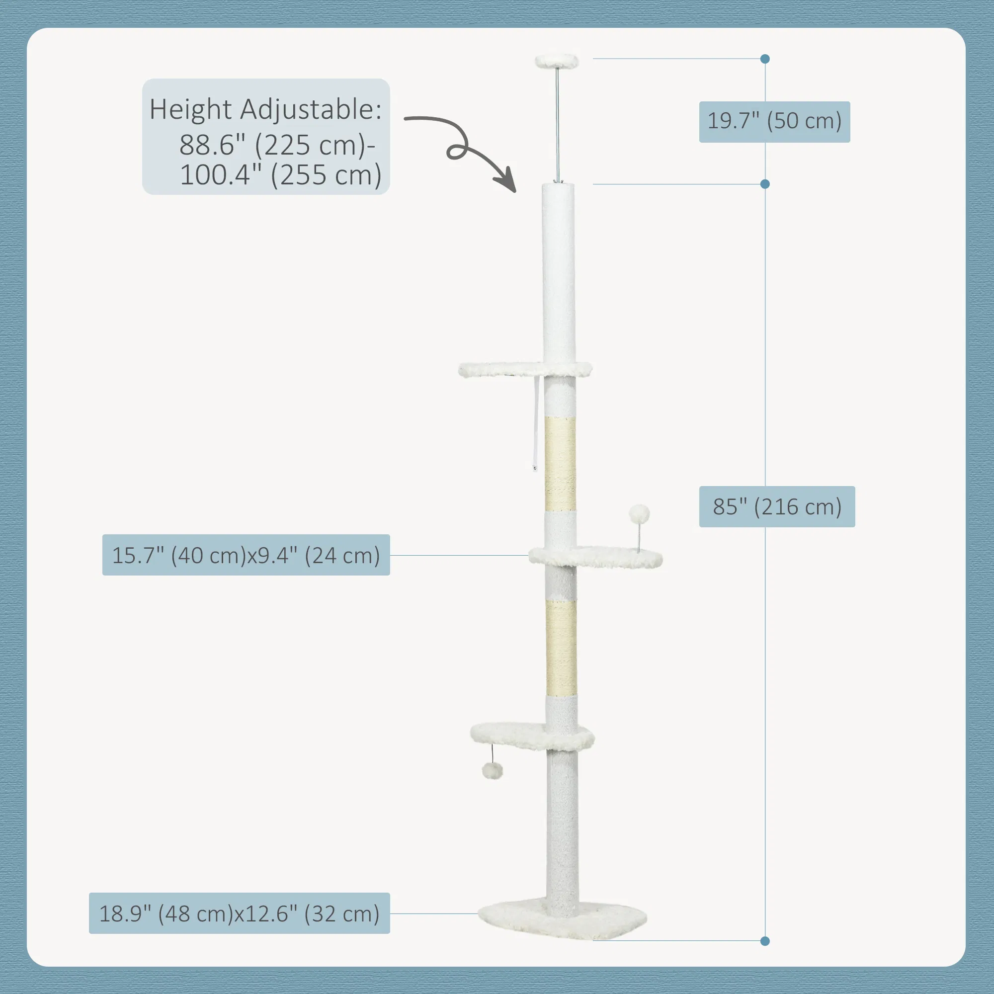 88.5"-100.5" Floor to Ceiling Cat Tree, Cat Tower with Scratching Posts, Cloud Shaped Platforms, Dangling Balls, White — image 2