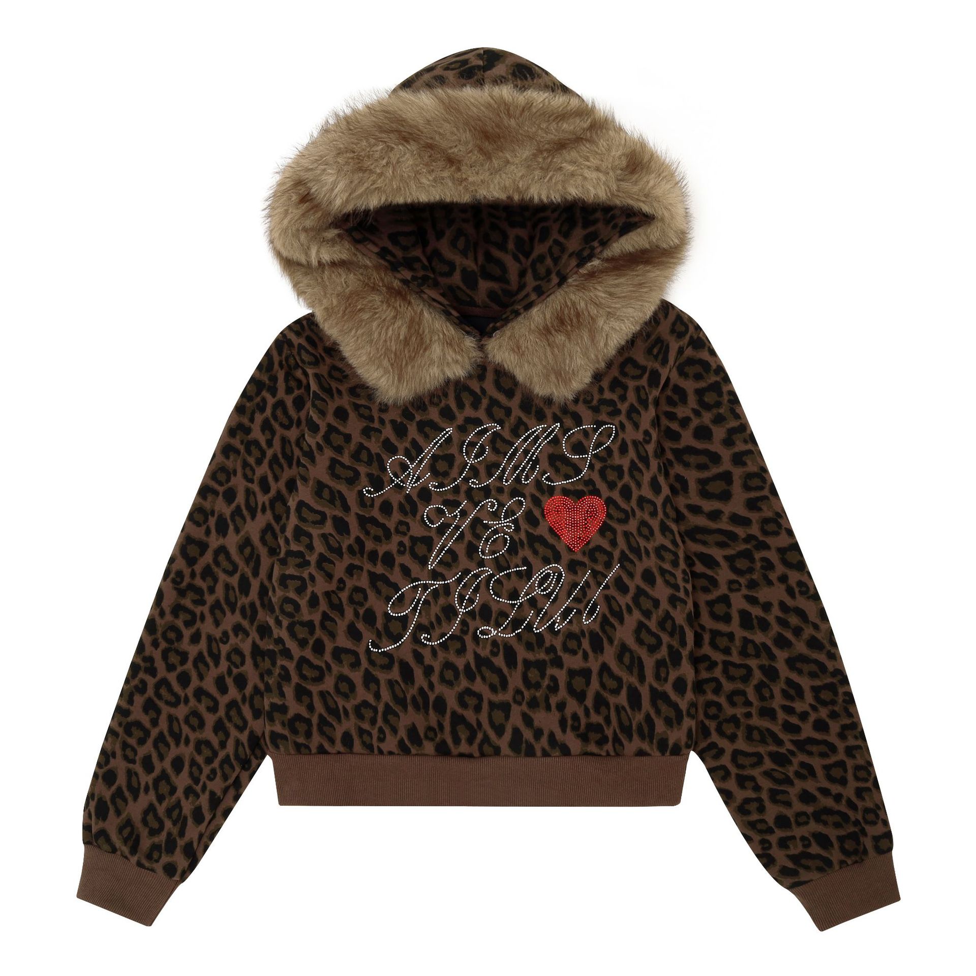 Women's Leopard Print Cropped Hooded Sweatshirt with Fur Collar and Rhinestone Heart Letters — image 1