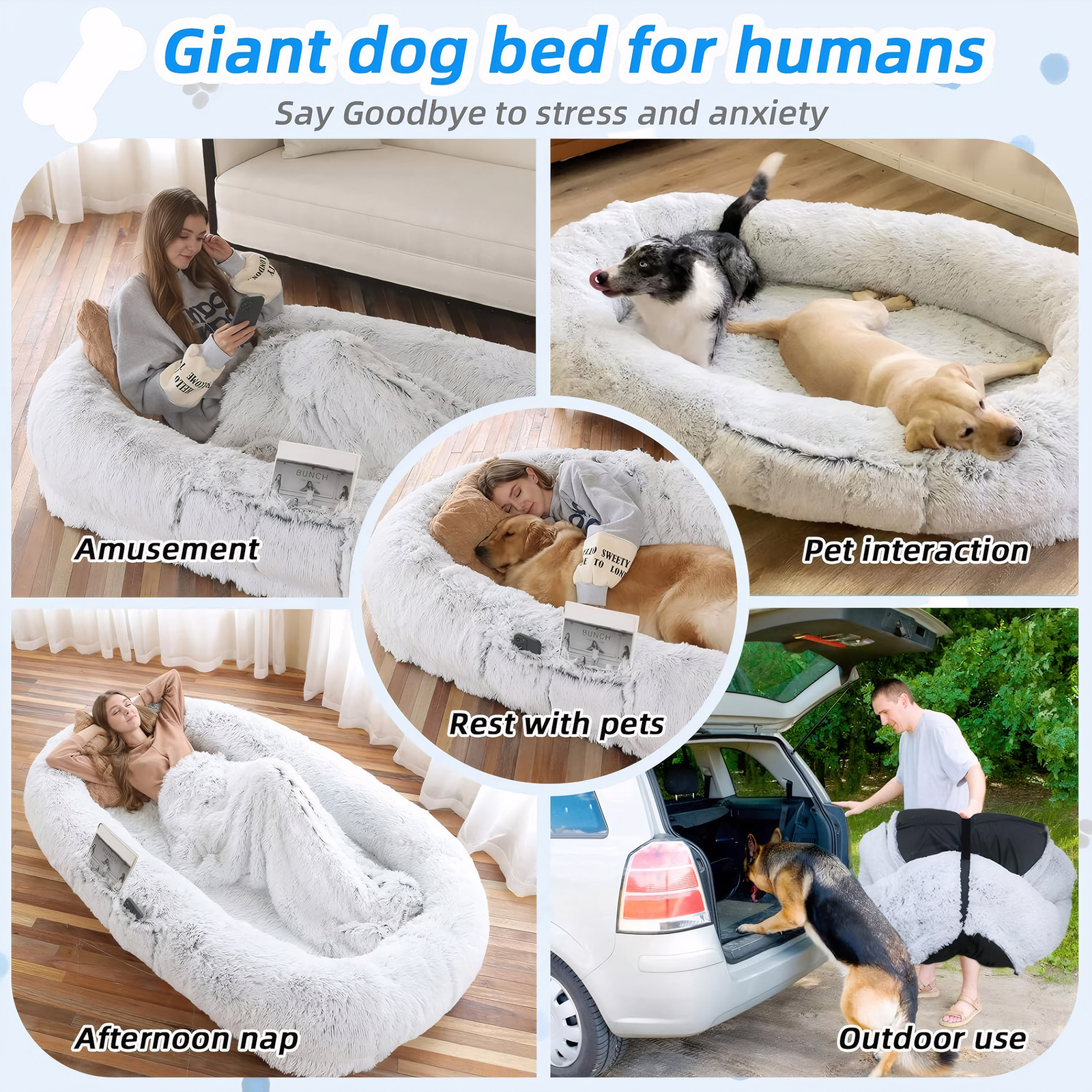 Cama para Humanos y Mascotas, Felpa Sintética Lavable para Descansar Juntos, Colchón Ortopédico de 71''x45''x14'', Perfecto para Tú y Tu Compañero (Gris) - Cobijas y Almohadas NO INCLUIDAS — imagen 3