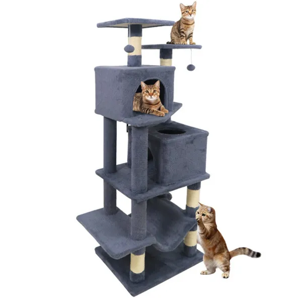 57" Multi-Level Cat Tree For Multi-Cat Households, 2 Condos & Hammock With Sisal Scratching Posts-Gray — image 1