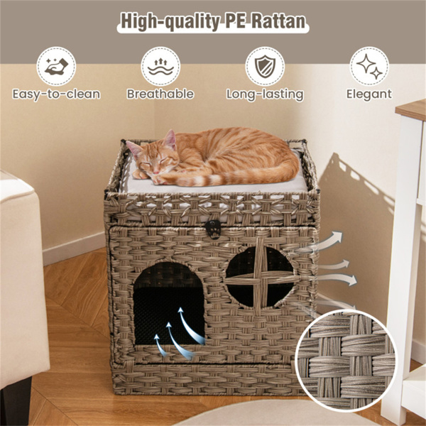 Condominio de Mimbre para Gatos de 2 Niveles con Tapete Atrapa-Arena - Mueble Ocultador de Arenero, Cojín Extraíble y Lavable, Ratán Gris — imagen 6
