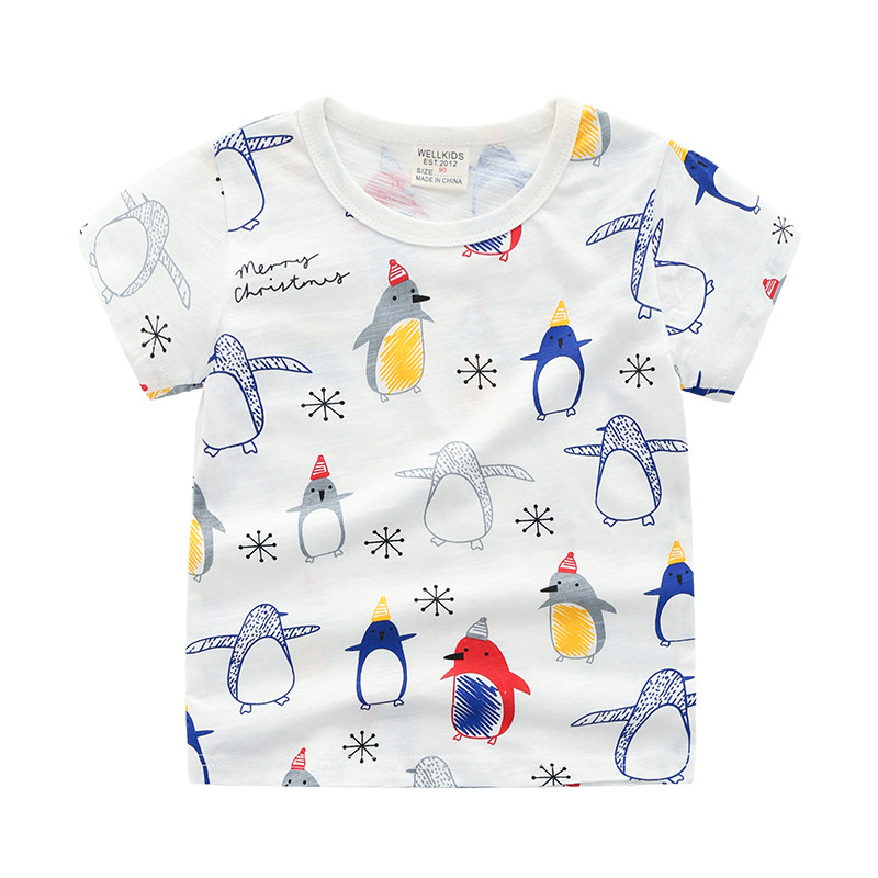 Short Sleeve T-Shirt Cute Penguin Print Cotton Breathable Unisex Kids Top — image 1