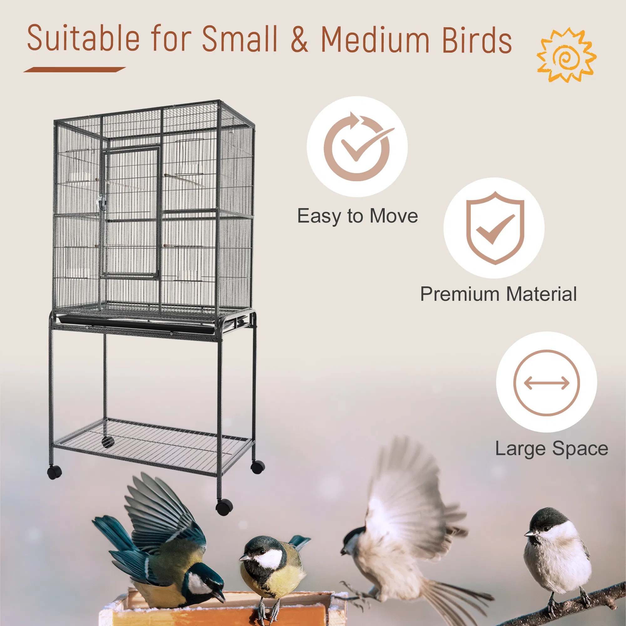 30'' Large Rolling Metal Bird Cage Bird House with Detachable Rolling Stand, Storage Shelf, Wood Perch Food Container - Black — image 6
