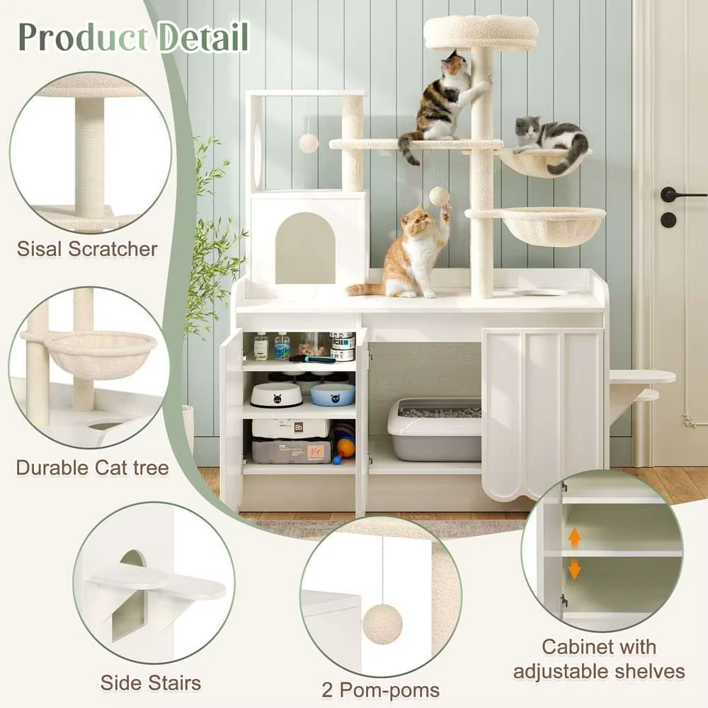 50.6" Cat Tree with Litter Box Enclosure, Cat Tower with Sisal Scratching Post and Storage Space, Modern Cat Condo with House, H — image 3