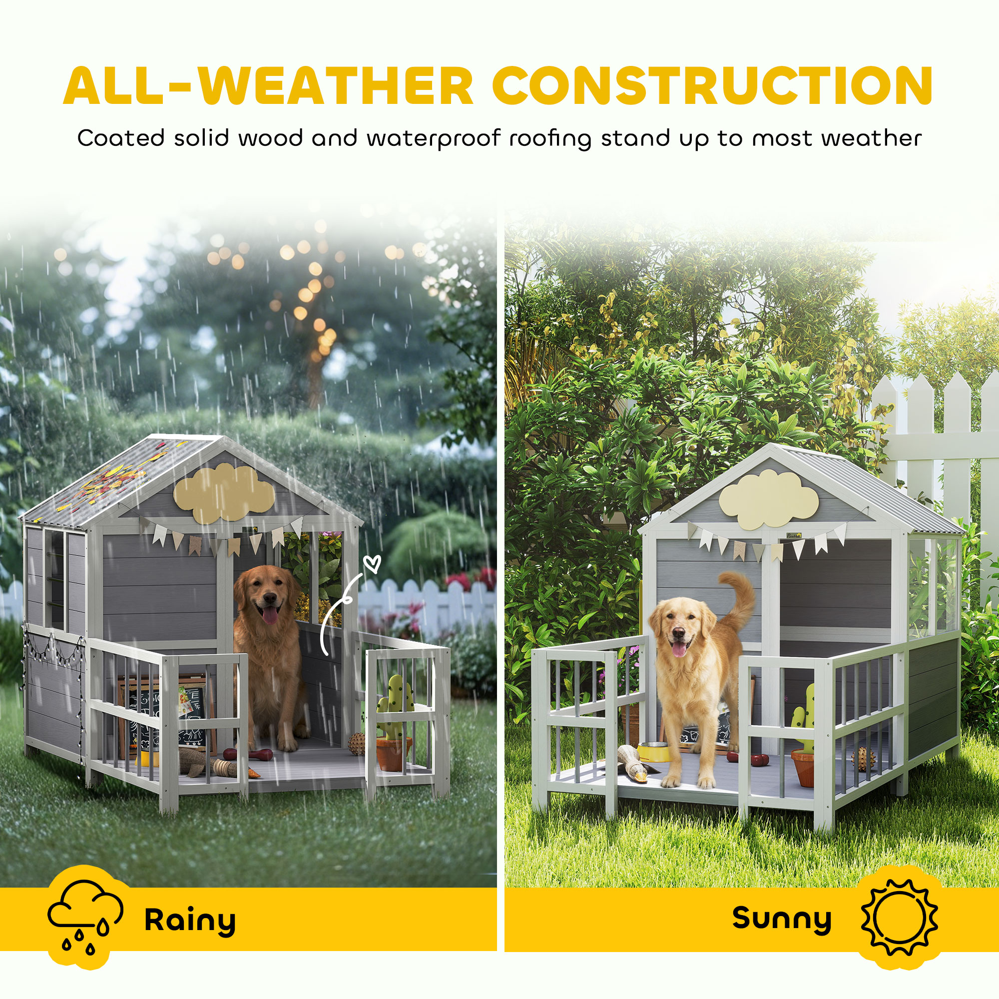 Casa de Perro Exterior, 61"L Casa de Madera para Perros con Porche, Techo Impermeable, Base Elevada y Ventilación — imagen 7
