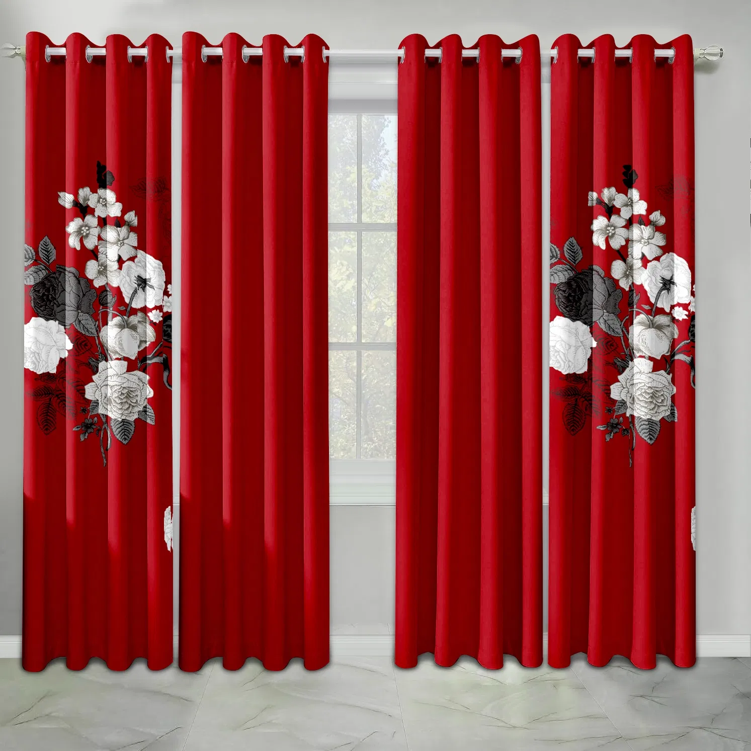 9-Piece Burgundy Red Floral Bedding & Curtain Combo Set, Vibrant Crimson Quilted Bedspread with 6 Light Filtering Window Panels & 2 Shams, Easy Care Microfiber Coverlet, Pet Friendly — image 20