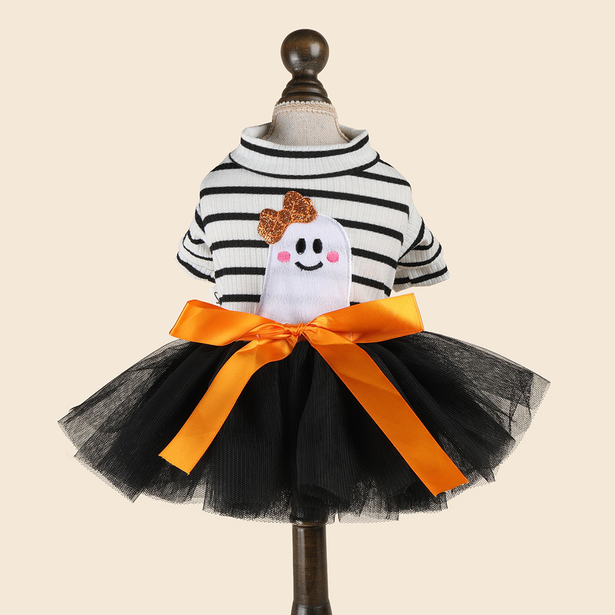 Striped Ghost Orange Bow Halloween Pet Tulle Dress for Maltese Cats, Black Mesh Holiday Formal Wear — image 6