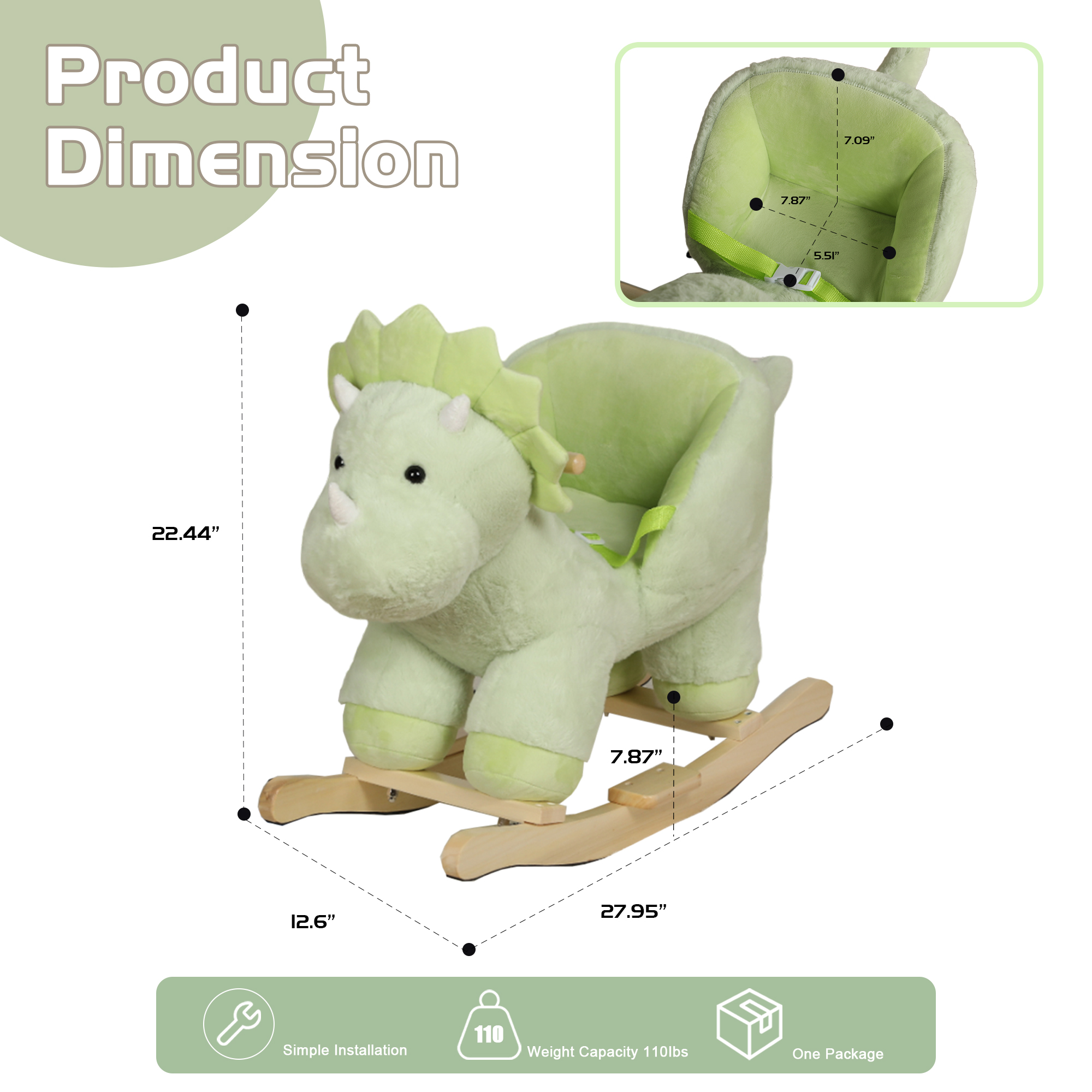 Kids Ride-On Rocking Horse Toy With Lullaby Song, Dinosaur Rocking Toy With Hand Puppets And Safety Belt For Children 1-3 Years, Soft Plush Fabric, Green, CPC Certified — imagen 5