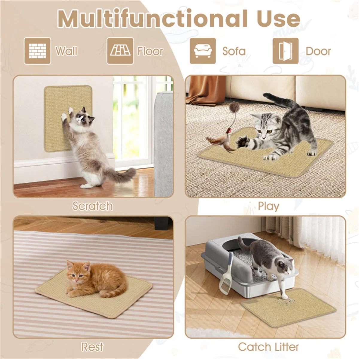 Natural 6-Piece Cat Scratching Mats, Sisal Material Anti-Slip Latex Backing Furniture Protector — image 2
